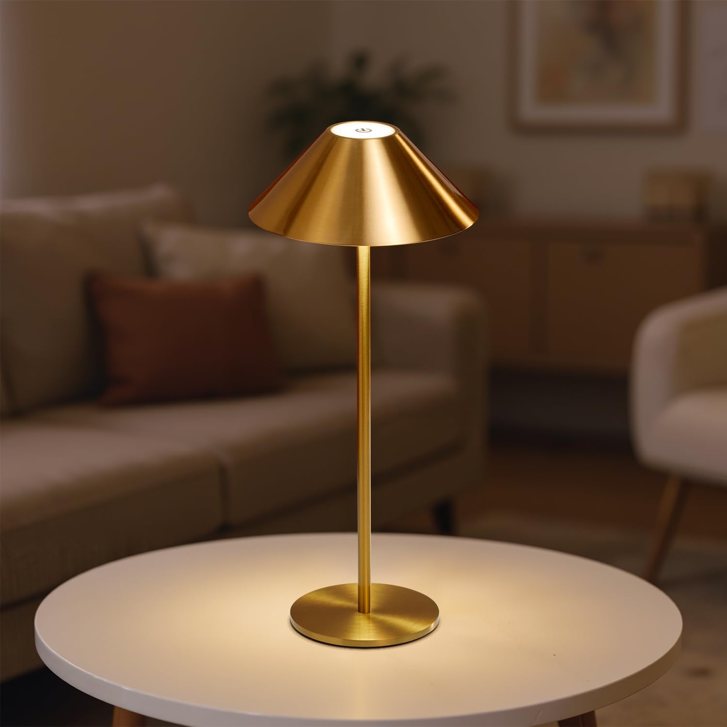 gold cordless table lamp, rechargeable led touch operated lights with 3 color and waterproof design, small wireless portable battery powered lamps for desk, bedroom, nightstand, kitchen, and outdoor
