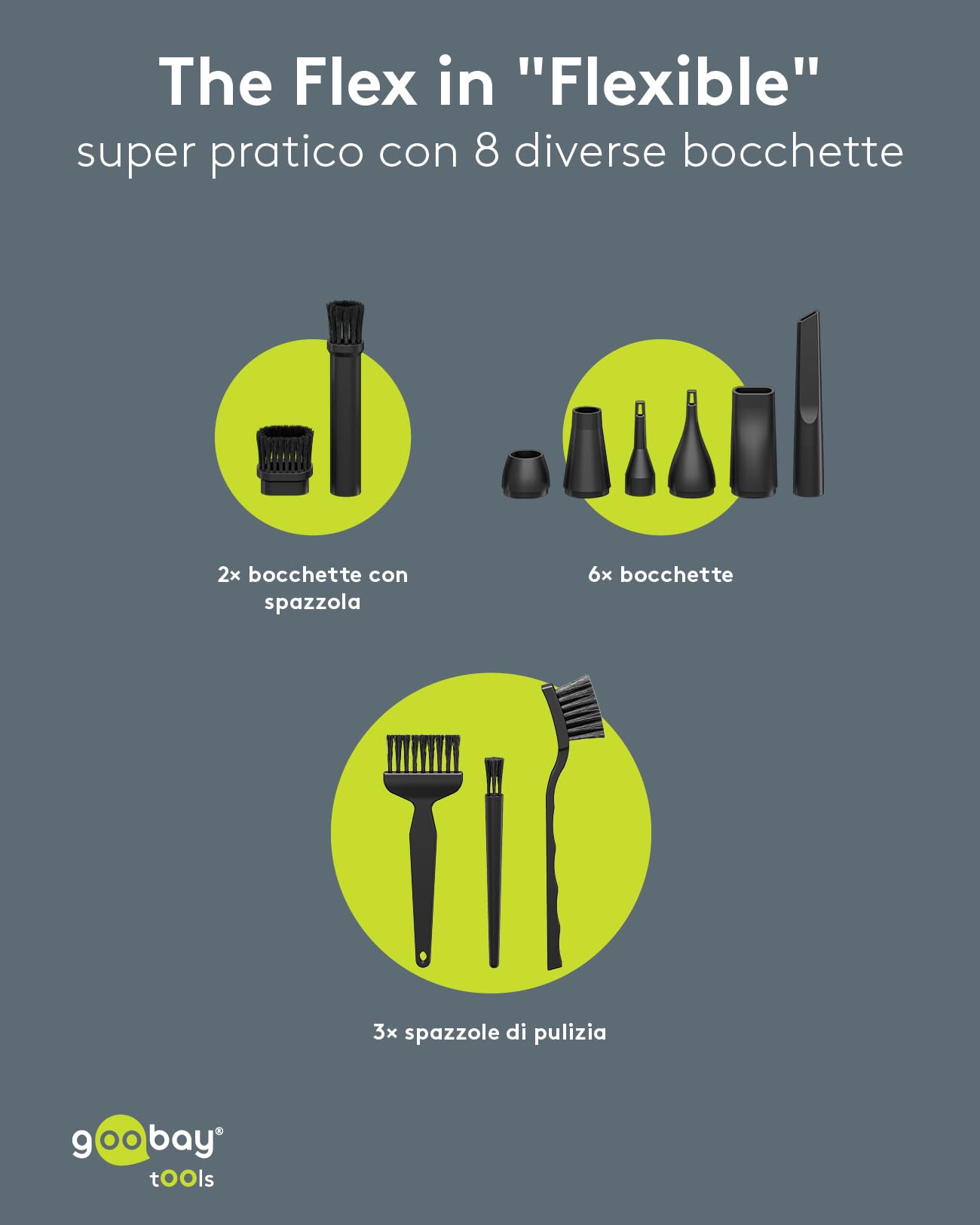 goobay soffiatore per polvere Advanced con 3 livelli, batteria da 6.000 mAh, 110.000 giri/min, fino a 80 minuti di autonomia, incl. 8 accessori per rimuovere la polvere da tastiere, PC, 77830