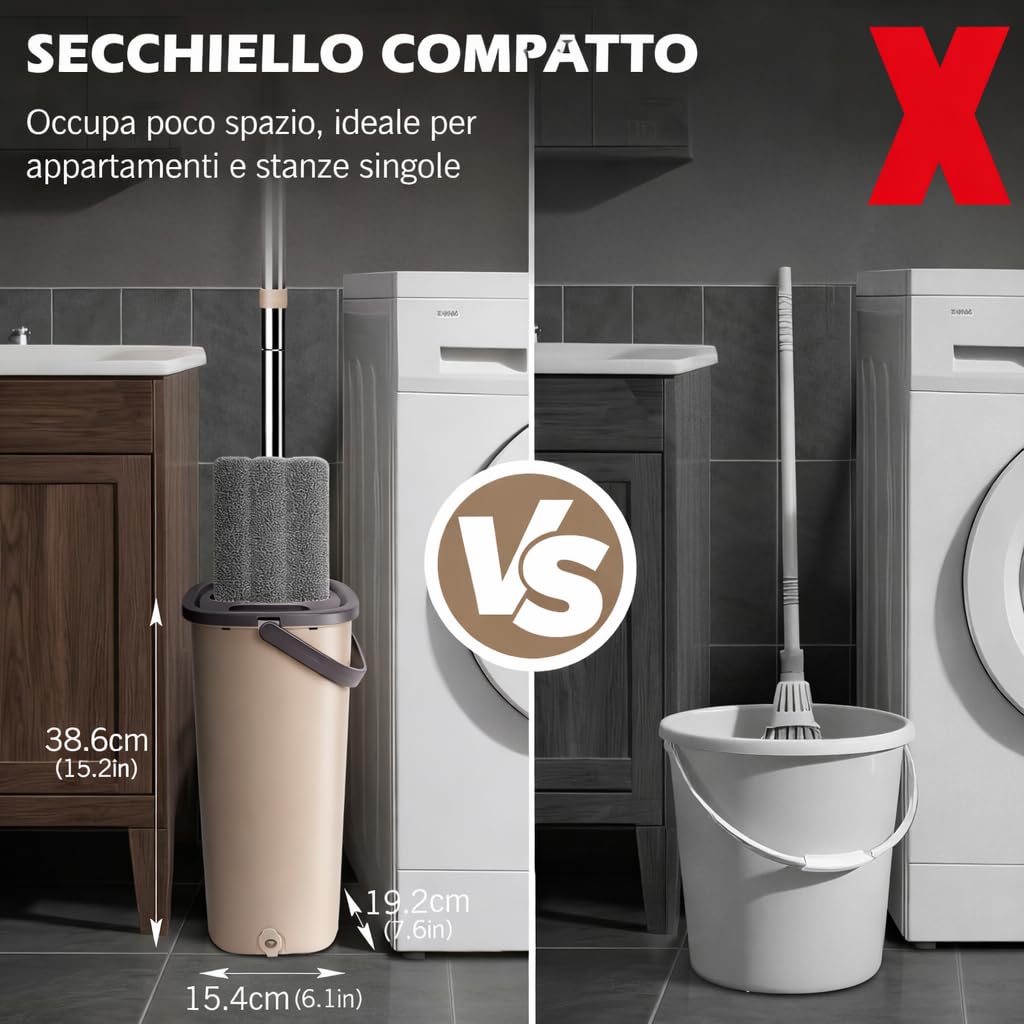 Mocio con Secchio e Strizzatore, Mop Piatto con 6 Panni in Microfibra, Manico Telescopico in Acciaio Inox 132 cm, Lavapavimenti per Casa, Piastrelle e Parquet, Colore Beige
