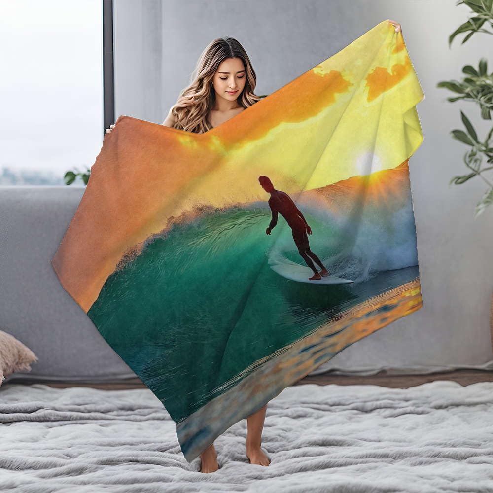 Couverture en flanelle Bluey thermorégulatrice 125 x 150 cm imprimé vague coucher du soleil