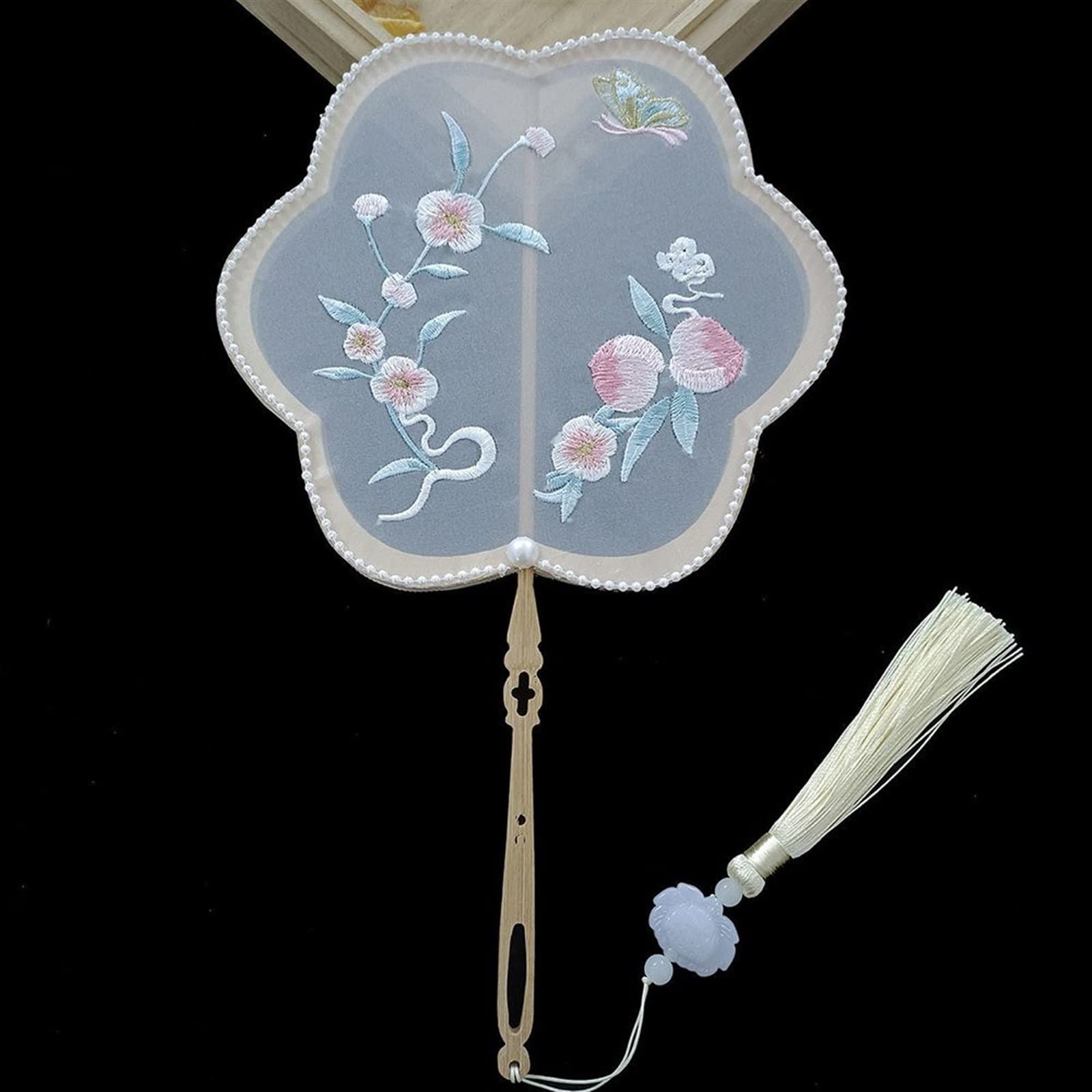 ROHCGHC folding fan, Folding Hand Fan - Chinese Style Embroidery Decoration Fans with Ancient Long Handle Tassel Clothing Cheongsam Dance Decorative(4)