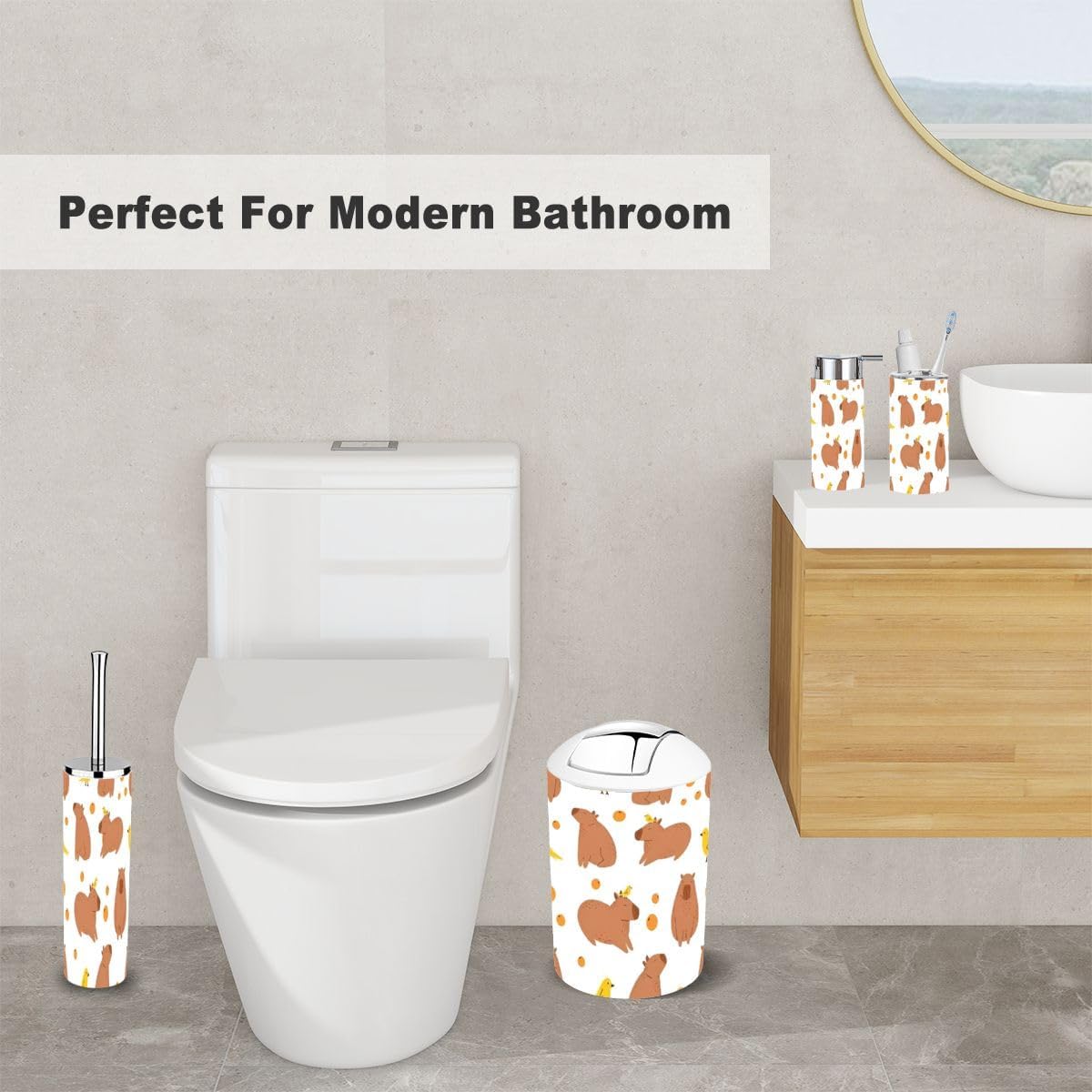 Bathroom Accessory Set 6 Piece Funny capybaras Mandarins Birds Amusing Toothbrush Holder, Toothbrush Cup, Soap Dispenser, Soap Dish, Toilet Brush Holder, Trash can for Countertop Rustic Decor