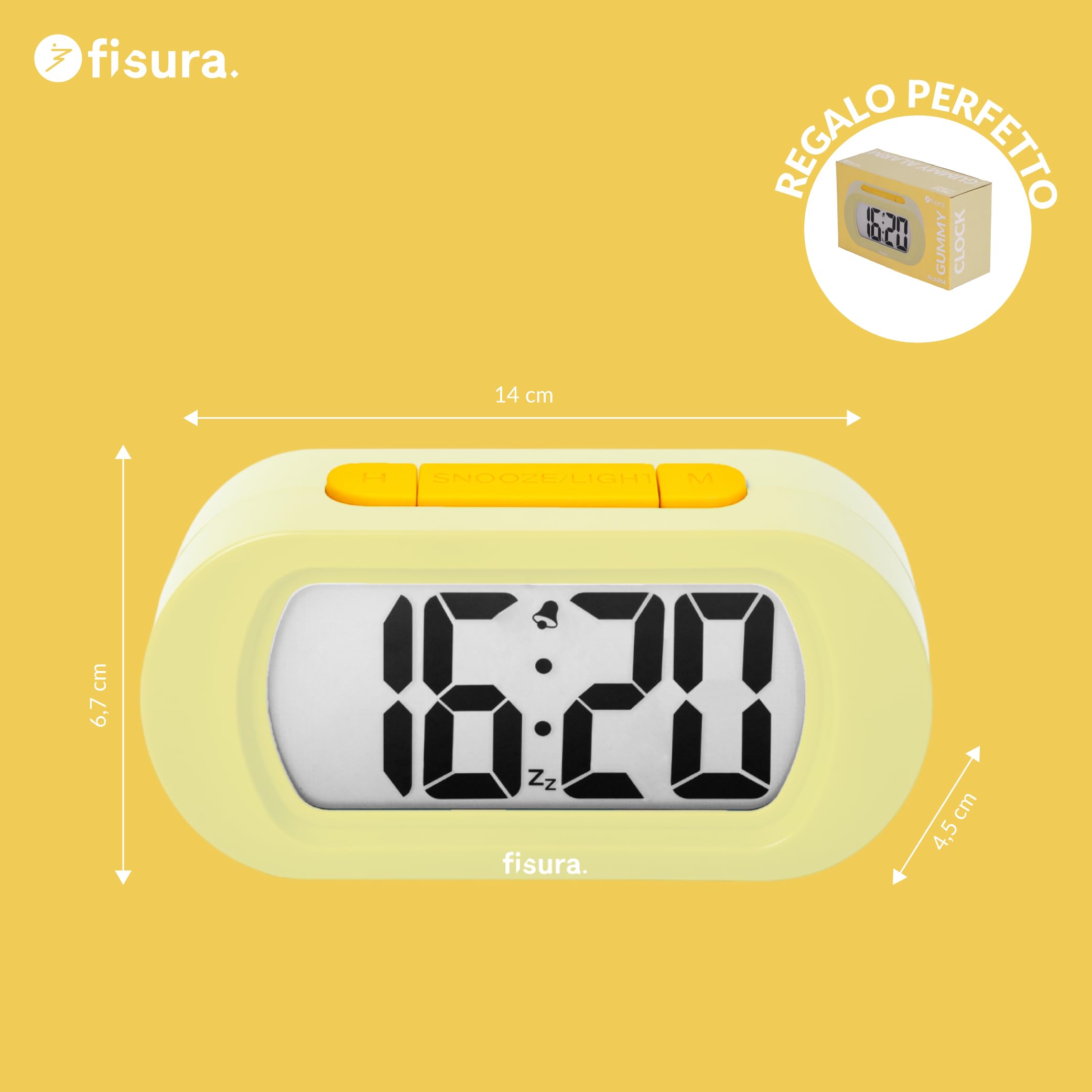 Fisura – Sveglia digitale gialla, orologio con display LED, formato 12/24 ore con retroilluminazione, sveglia da comodino a batterie, funziona con 3 AAA non incluse