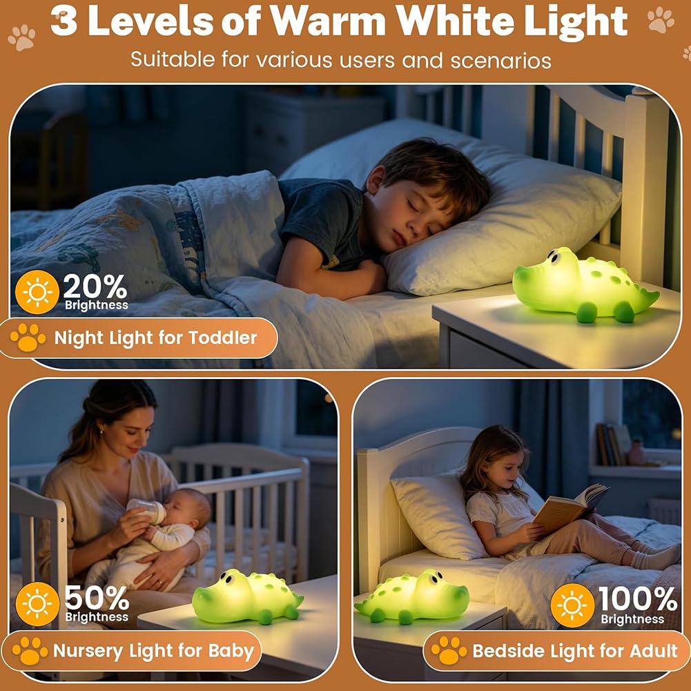 Luz Noche LED para Niños Luz Noche de Cocodrilo para Bebés 3000 K, Iluminación Cálida y Modo RGB Lámpara Infantil de Silicona Suave con Temporizador de 30 Minutos Aplique sin Conexión,Verde