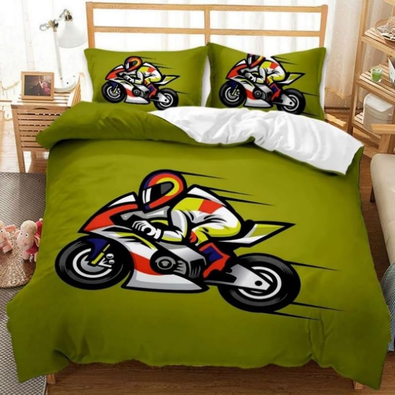 Housse de couette 220x240 moto verte : parure lit adulte en tissu doux infroissable
