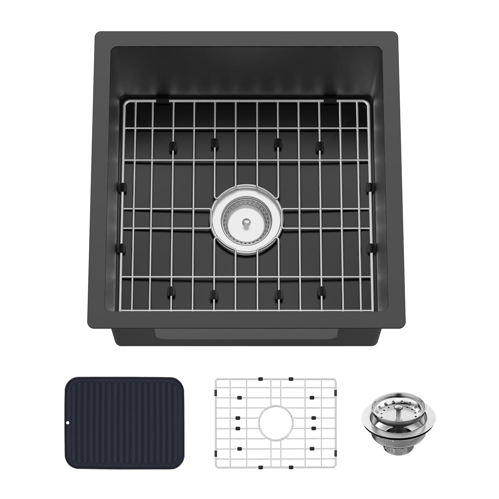 Small Black Kitchen Sink,18x18 Inch Stainless Steel Undermount Drop In Kitchen&Bar Sink Ideal Choice For Small Space, Prep Area, RV With Bottom Grid,Soap Mat And Drain Assembly