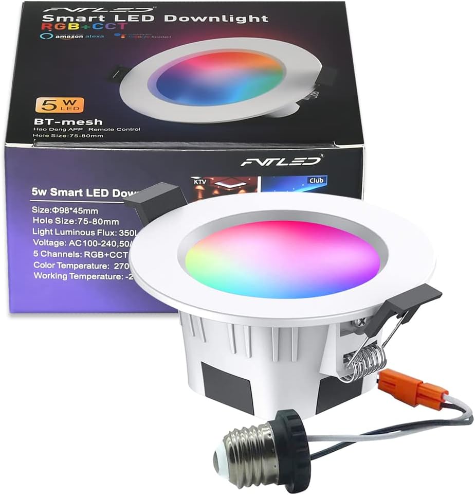 FVTLED Smart Recessed Lighting, 1pcs Wireless Bluetooth RGBWC LED Recessed Downlight, 5W 2700K-6500K Dimmable Ceiling Light, Sync to Music LED Can Lights