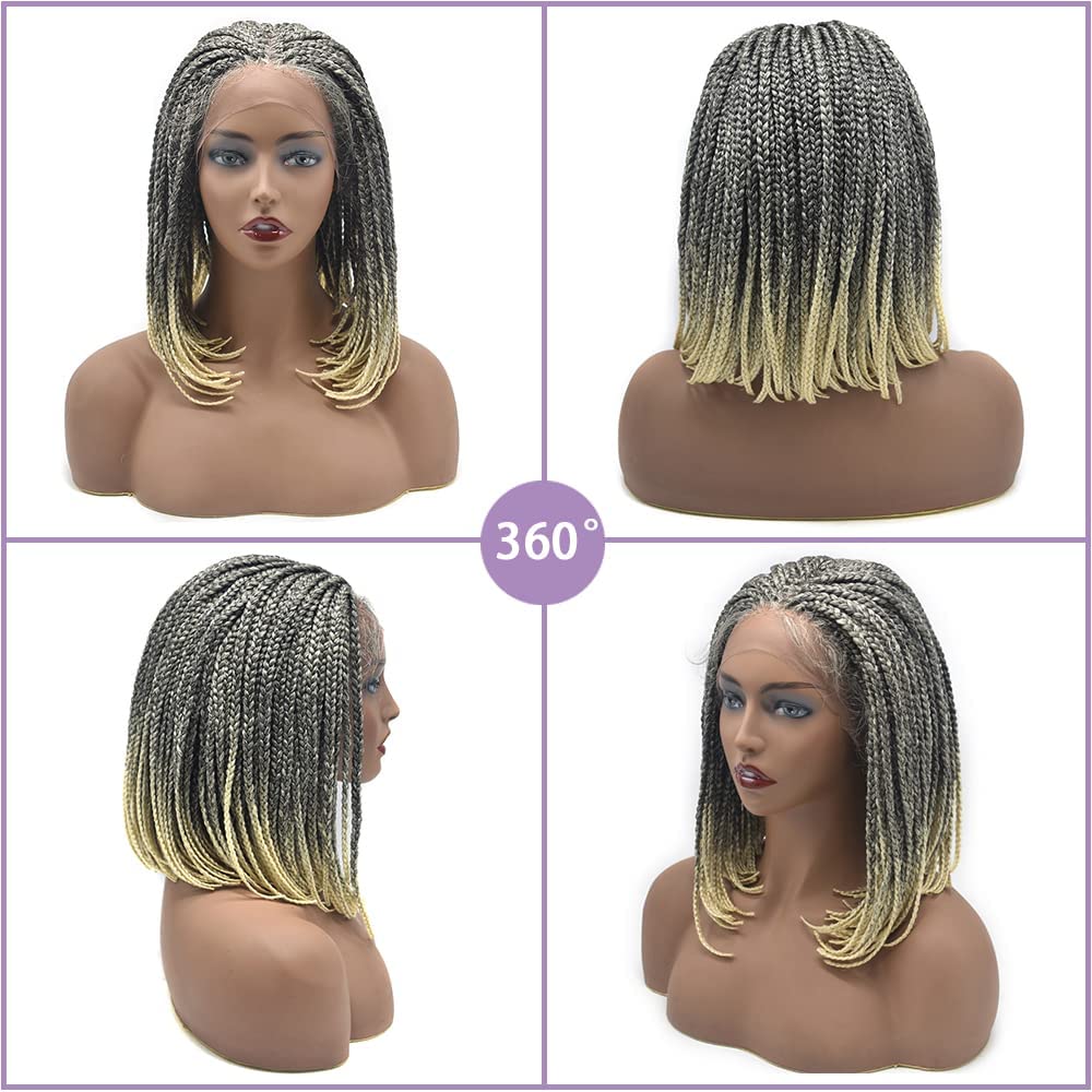 16" Inch Full Lace Front Box Braid Wigs For Black Women With Natural Baby Hair Micro Twist Cornorow Braids Lightweight Synthetic Wigs (#1B/613T Black Blonde Ombre)