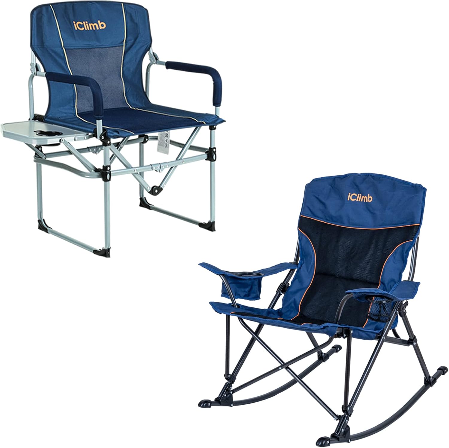 iClimb 1 Heavy Duty Compact Folding Chair and 1 Padded Rocking Folding Chair Bundle for Two Person Camping Patio Porch Backyard Lawn Garden Balcony Concert Indoor Outdoor