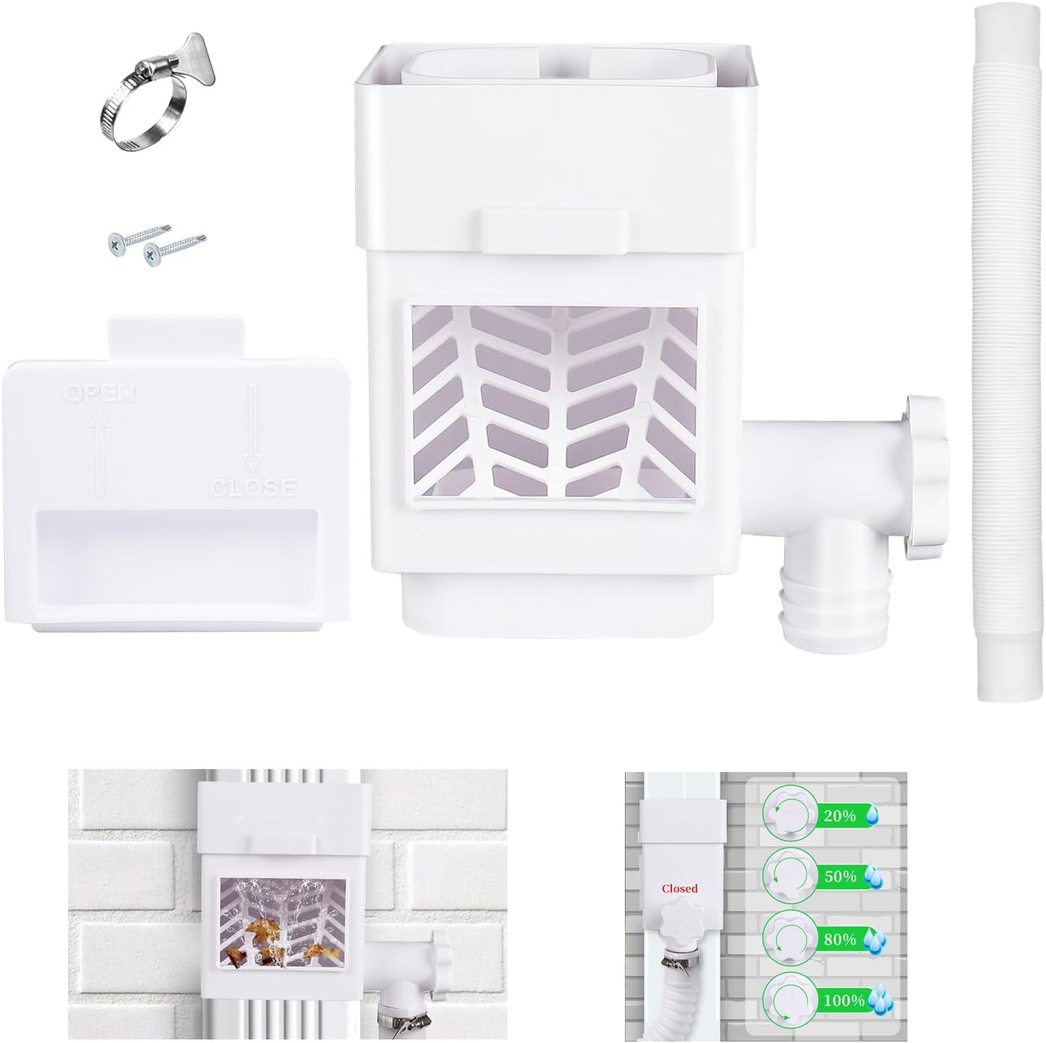 Rain Barrel Diverter Kit, Downspout Diverter Fits for 2""x 3"" or 3""x 4"" Standard Downspout, Rainwater Collection System with Adjustable Valve and Filter,5ft Hose(White)