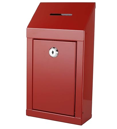 Metal Donation Box & Collection Box Office Suggestion Box Secure Box with Top Coin Slot and Lock Included with 2 Keys - Easy Wall Mounting or Counter Top Use (Red)