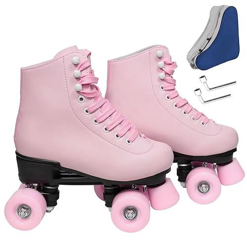 Wiwiy Roller Skates for Women and Men, Derby Roller Skates for Outdoor Indoor, Adjustable Four Shiny Wheel Roller Skates - Women's 8 / Men's 7 - Pink