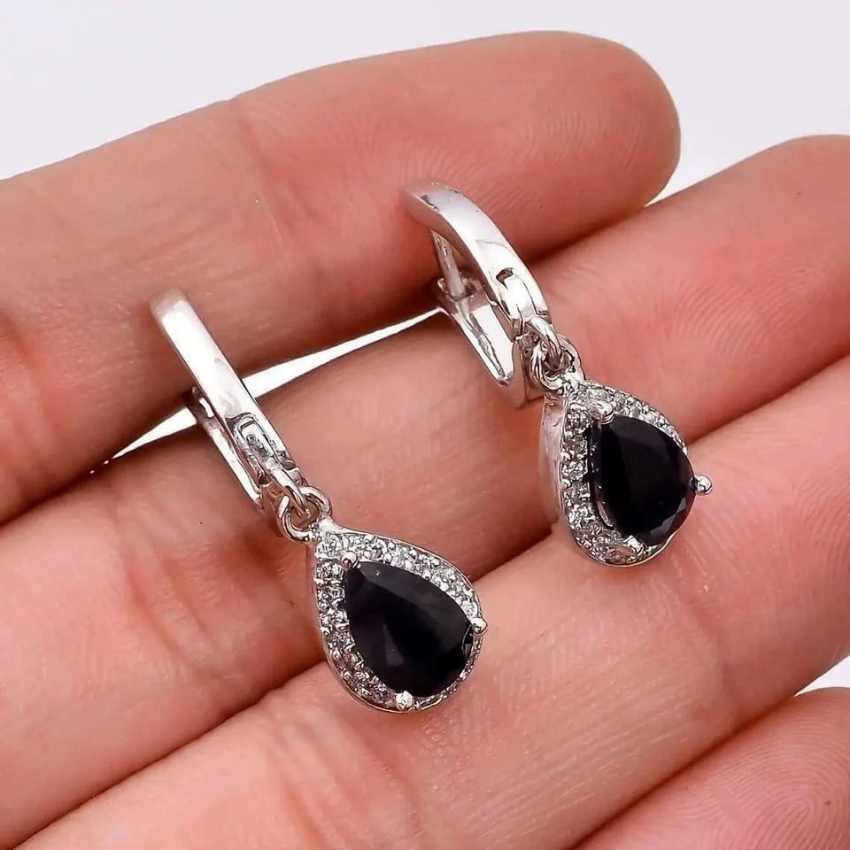 2 CT Round Cut Lab-Created Black Dangle Drop Earrings, 14K White Gold Plated