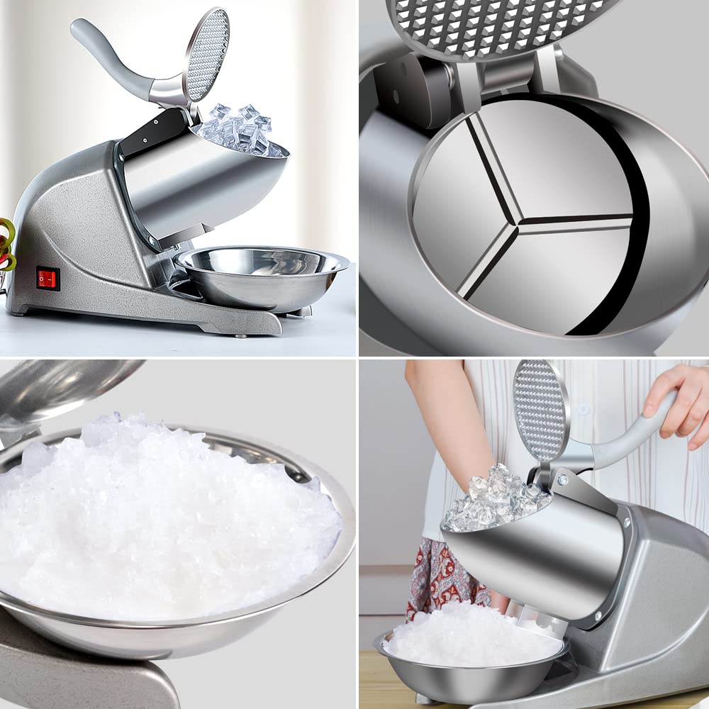 Máquina de cono de nieve 380 W, máquina de hielo afeitado de 3 cuchillas, máquina de afeitar de hielo de 280 libras/hora, trituradora de hielo eléctrica para evitar salpicaduras de nieve para 5