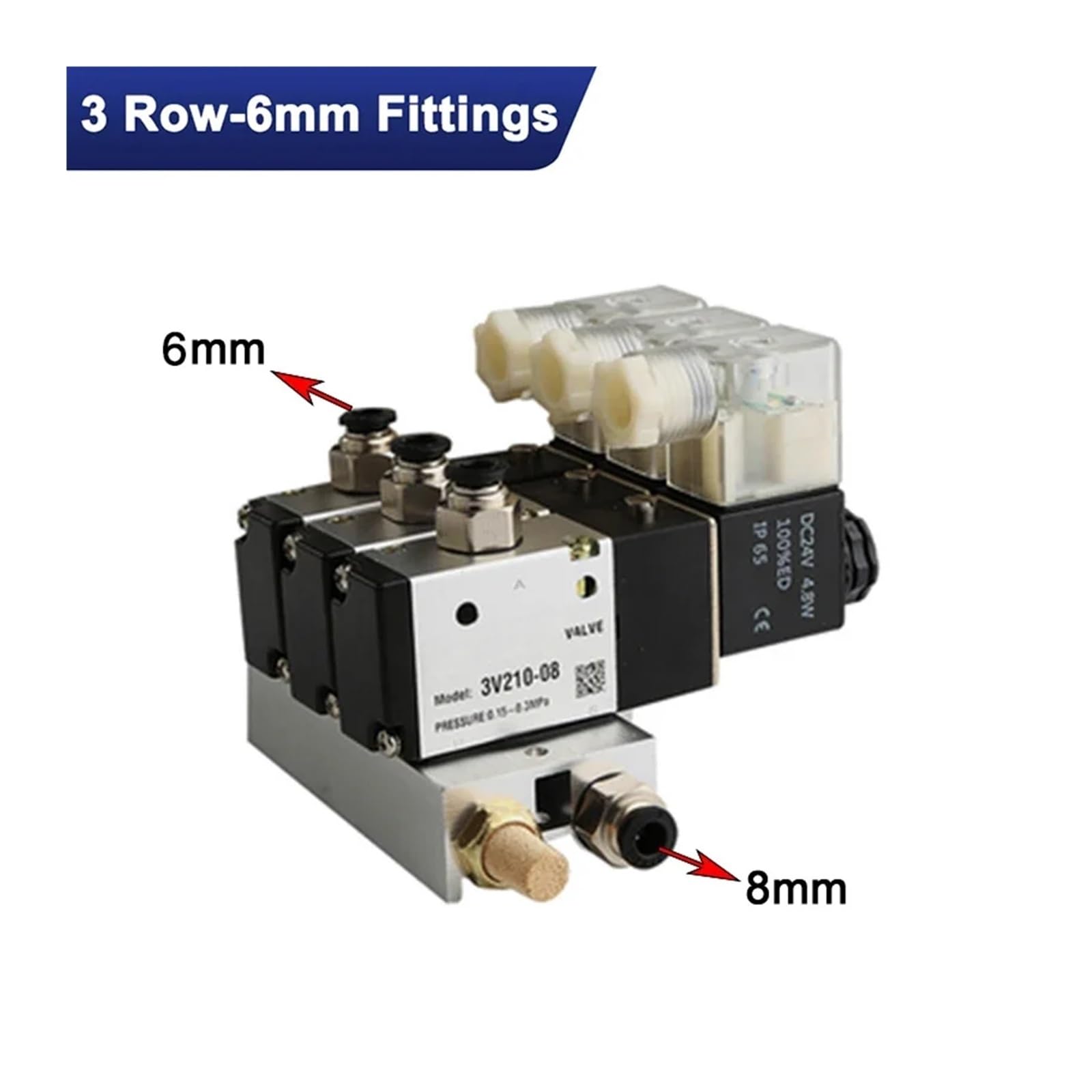 Bloque de electroválvula neumática 3V210-08, 220 V, 24, opción múltiple, con silenciador, Base Montaje, colector, 2/3/4/5/6 Filas, 3 Puertos(3 Row 6mm Fitting)