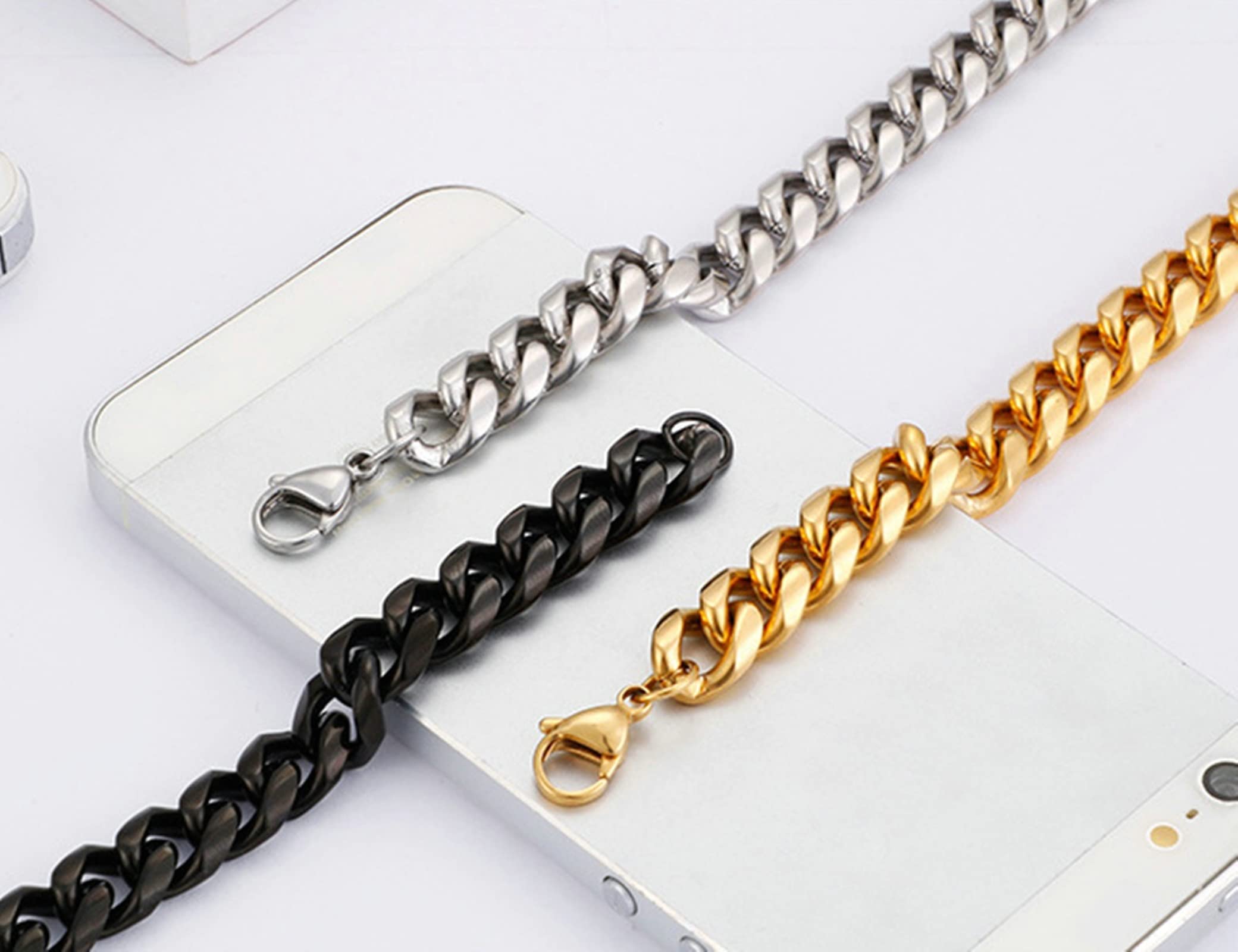 18-26 Zoll Herren-Gliederkette 9/10/13 mm, Panzerkette aus Edelstahl in Gold/Silber/Schwarz