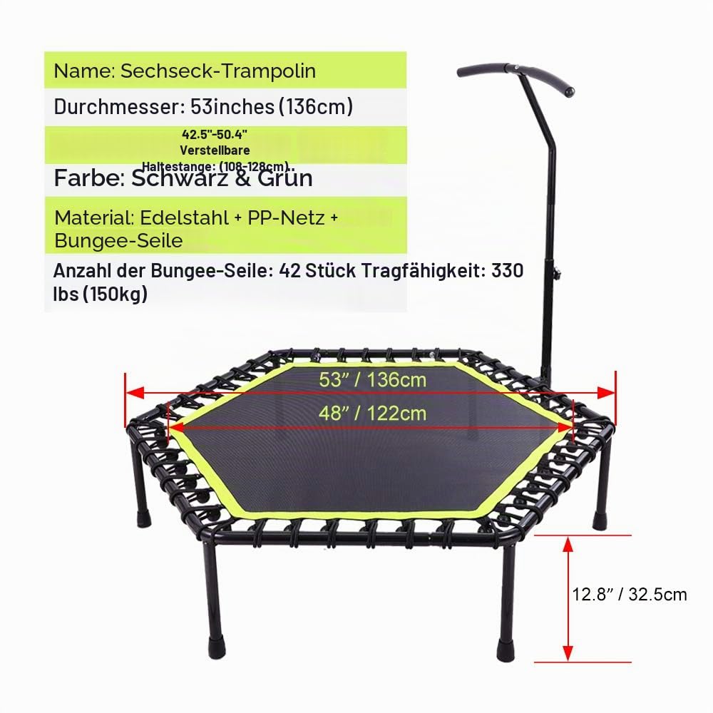 ONETWOFIT 122cm Mini Trampolin Outdoor mit verstellbarem Handgriff, Fitness Trampolin Indoor, Bungee Rebounder, Jumping Cardio Trainer Workout