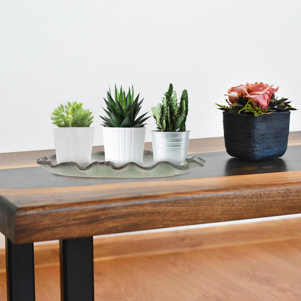Bandeja para Macetas de Cerámica en Forma de Hoja de Loto, Plato Decorativo para Bonsái, Suculentas y Plantas, Base de Drenaje Antideslizante y Elegante para Jardín, Interior y Balcón