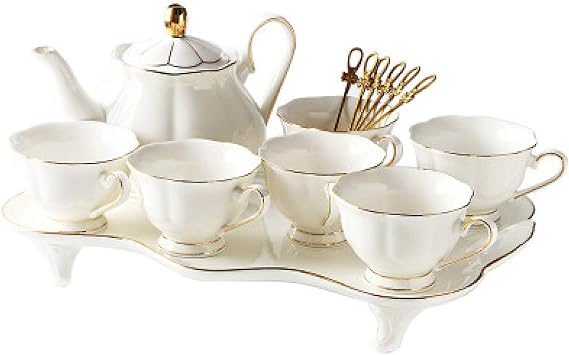 Porcelain Tea Set with Teapot AfternoonTea Set for Adults Coffee Tea Cups Sets Tea Cups with Spoons White Teapot with Serving Tray