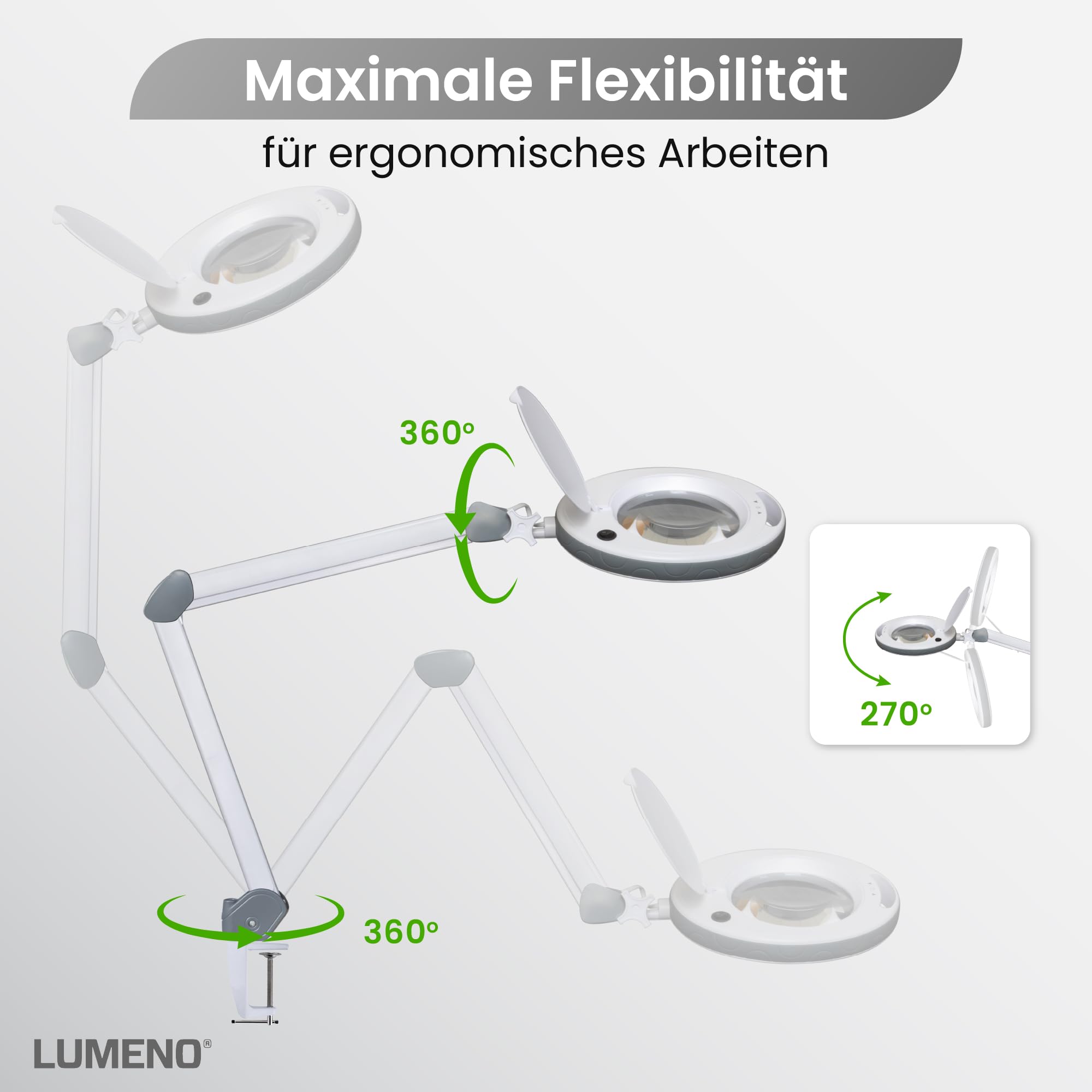 Lumeno dimmbare LED Lupenleuchte 8515GR 152 mm Echtglaslinse 5 Dioptrien einstellbare Helligkeitsstufen Grau