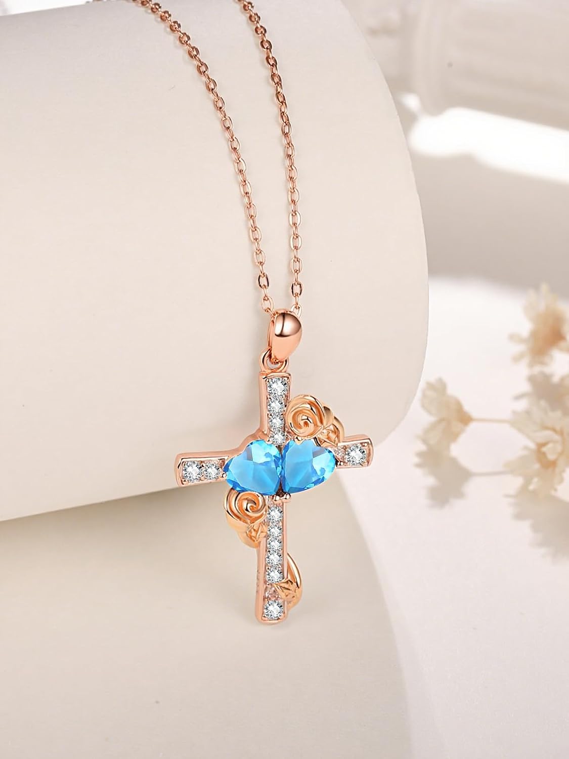 Rose Gold Dual Birthstones Cross Necklace for Women Rose Flower Jewelry Anniversary Christmas Mother's Valentine's Day Birthday Gift for Wife Girlfriend Mom