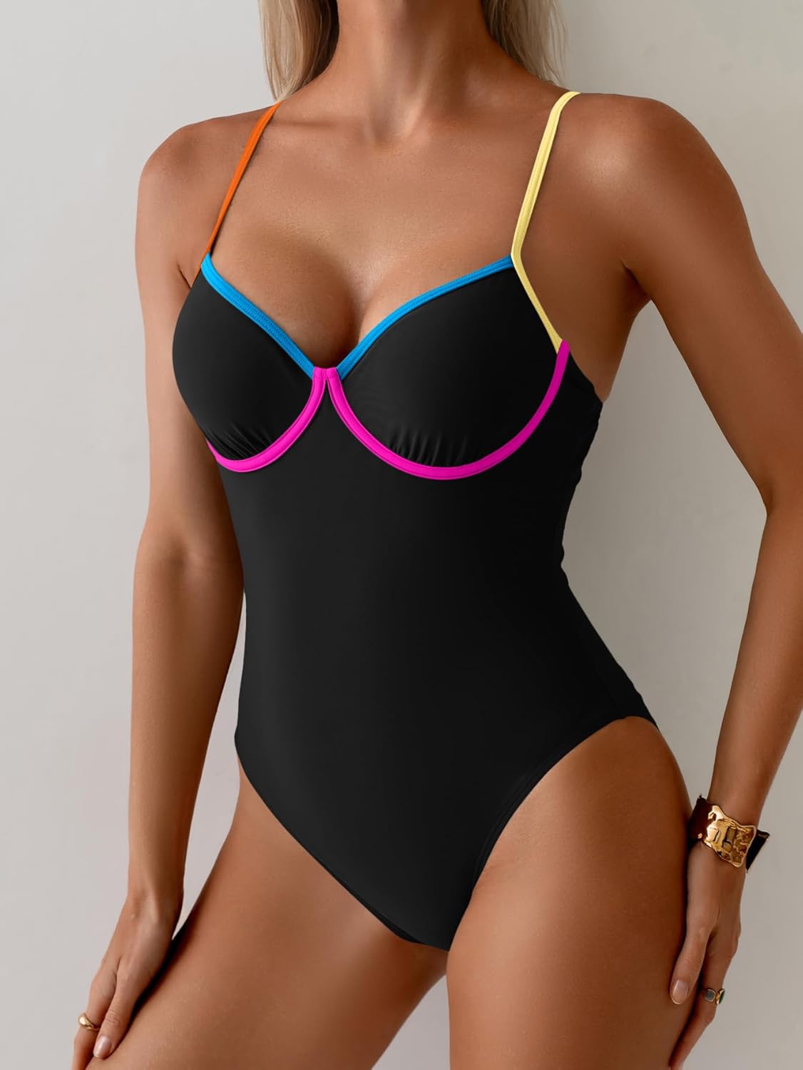 Eomenie Womens Swimsuit Color Block Spaghetti Straps One Piece Bathing Suit Tummy Control Slimming High Cut Swimwear - Image 4