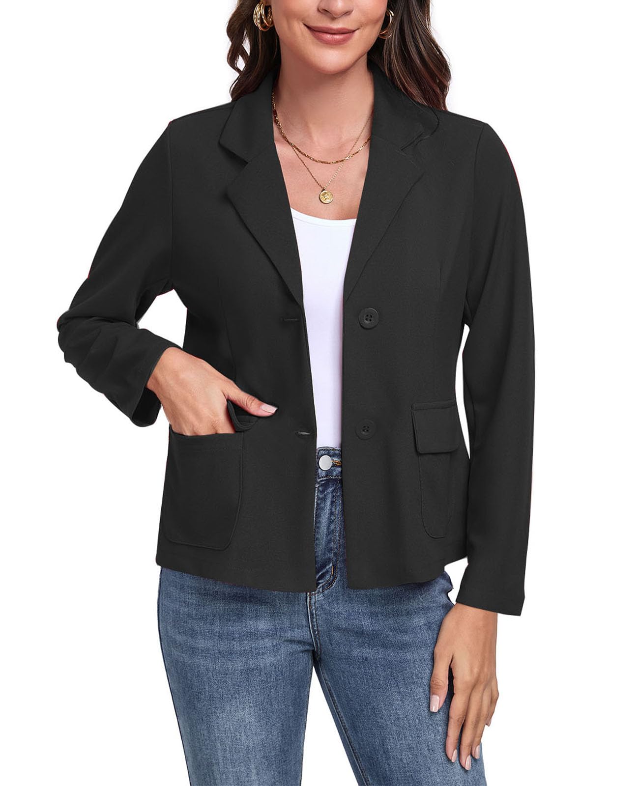 Damen-Blazer, lässig, langärmelig, Knopfleiste, Revers, Arbeit, Büro, Business, Blazer mit Taschen
