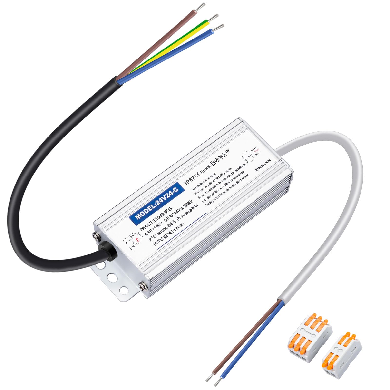 LED Transformer 24 V 24 W 1 A, LED Power Supply 24 V, LED Transformer 230 V to 24 Volt DC, Waterproof IP67 LED Driver for LED Lighting Indoor and Outdoor Use