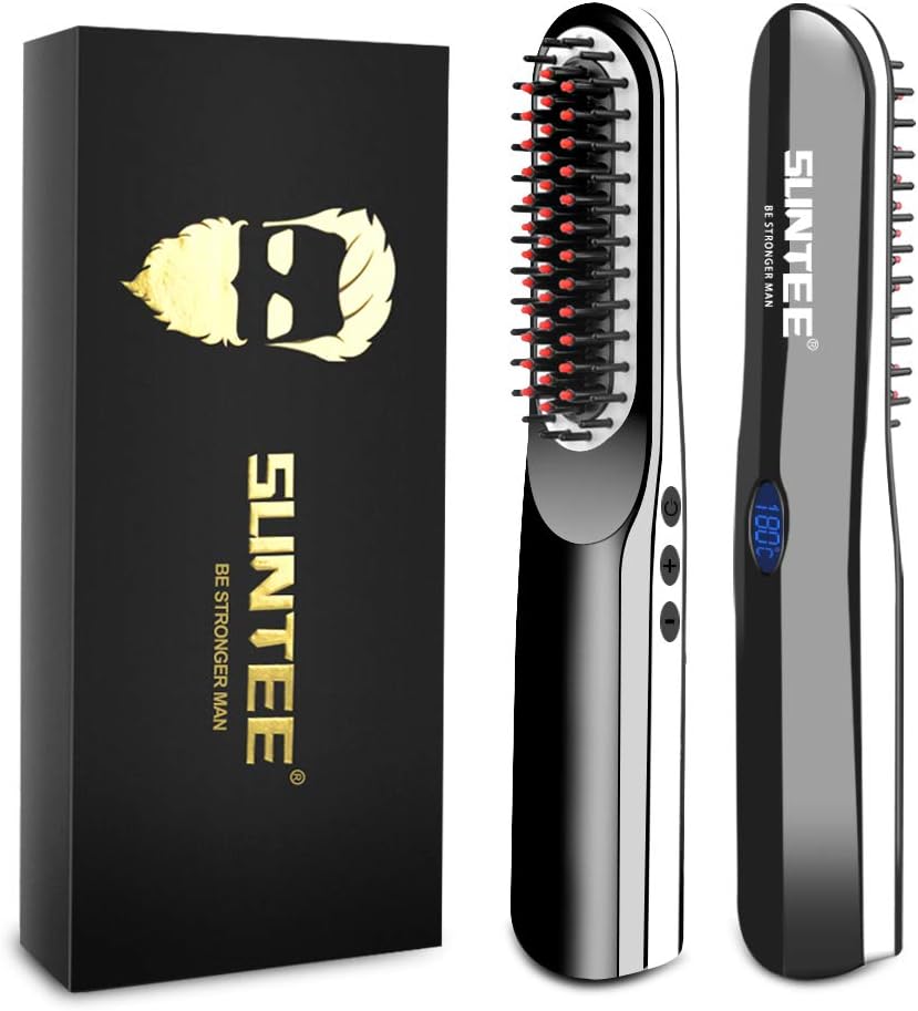 Suntee Beard Straightener for Men, Cordless Beard Straightener Brush with Anti Scald/LED Display/USB Rechargeable for Home & Travel, 3 in 1 Multifunctional Ionic Beard Straightening Heat Brush Comb