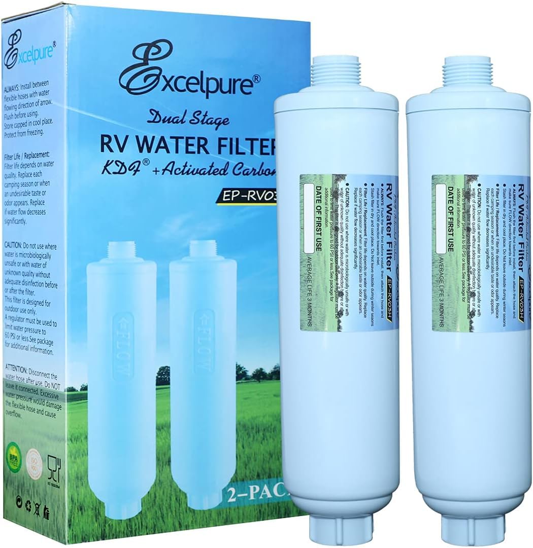 EXCELPURE RV Inline Water Filter for Boats, RVs, Campers, Gardening, Planting, Trailer or Motor Home KDF Filter,Reduces Chlorine, Bad Taste, and Sediment in Drinking Water, 2 PACK