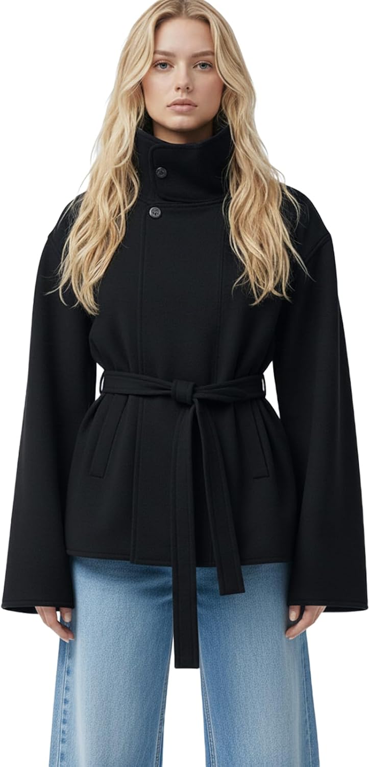 Women Cropped Trench Coat Funnel Neck Wool Jackets Oversized Belted Pea Coats Fall Winter Trendy Casual Outfits 2025