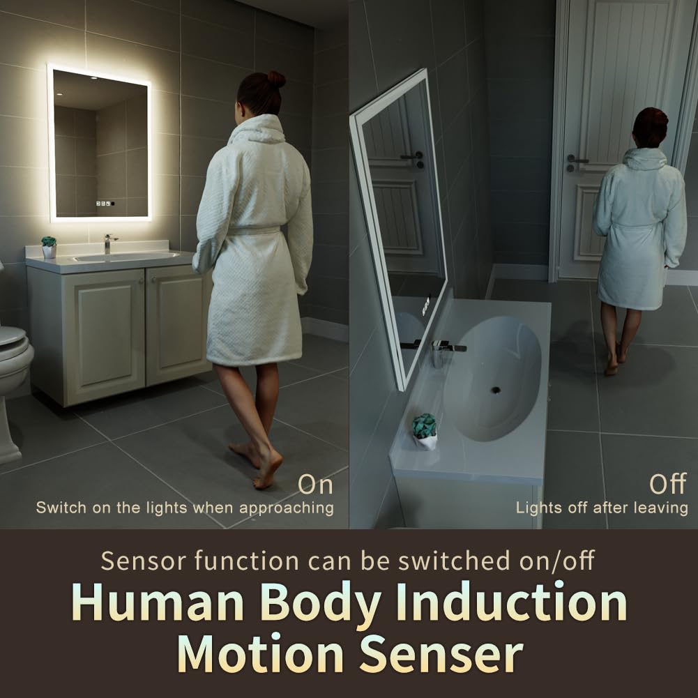 GANPE Specchio da bagno a LED con sensore di movimento, con Bluetooth, illuminato, dimmerabile, per trucco, a parete, anti appannamento, IP44, impermeabile, verticale e orizzontale (50_x_70_cm)