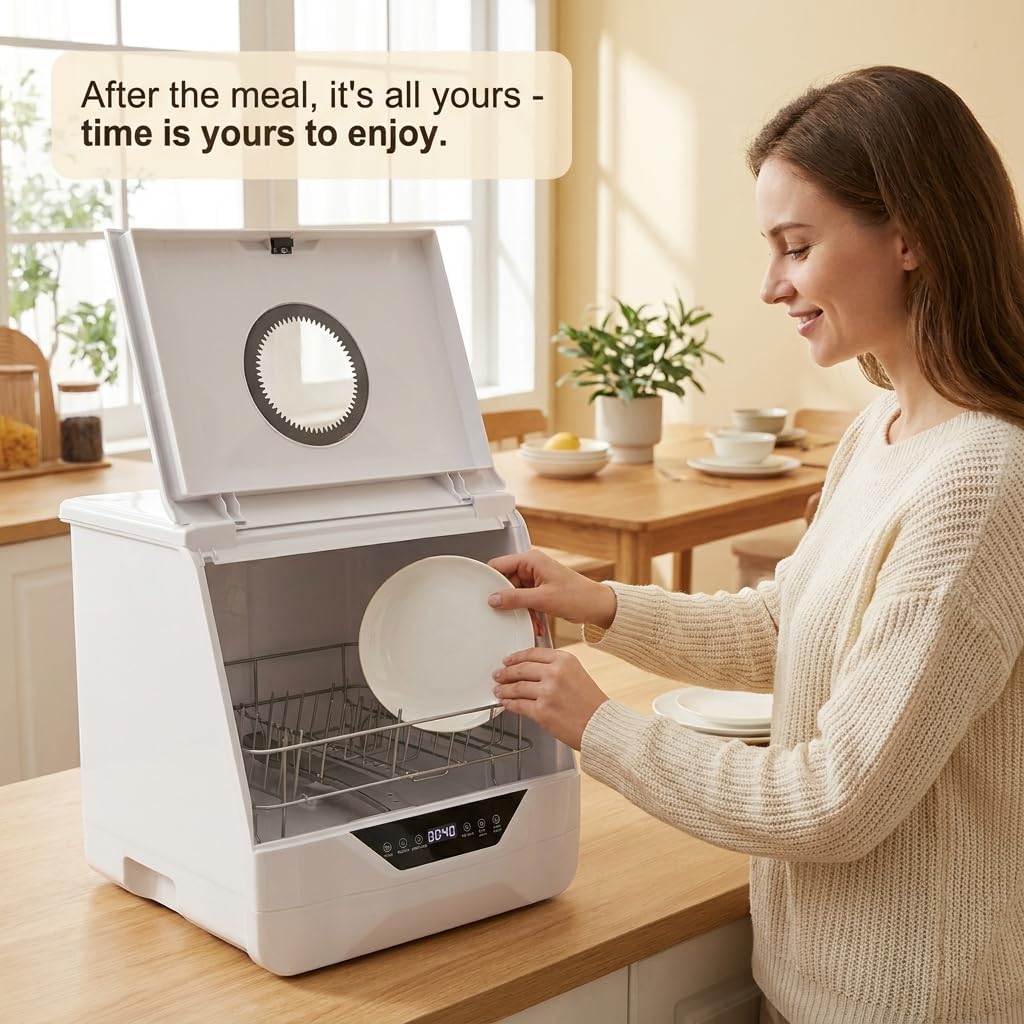 Portable Countertop Dishwasher,360° All-Round Mini Dishware Washing Machine with 4 Wash Modes&LED Display,Compact Dishwasher with 6L Built-In Water Tank&Inlet Hose for Home/Apartment/Boat/Rv,110V 800W