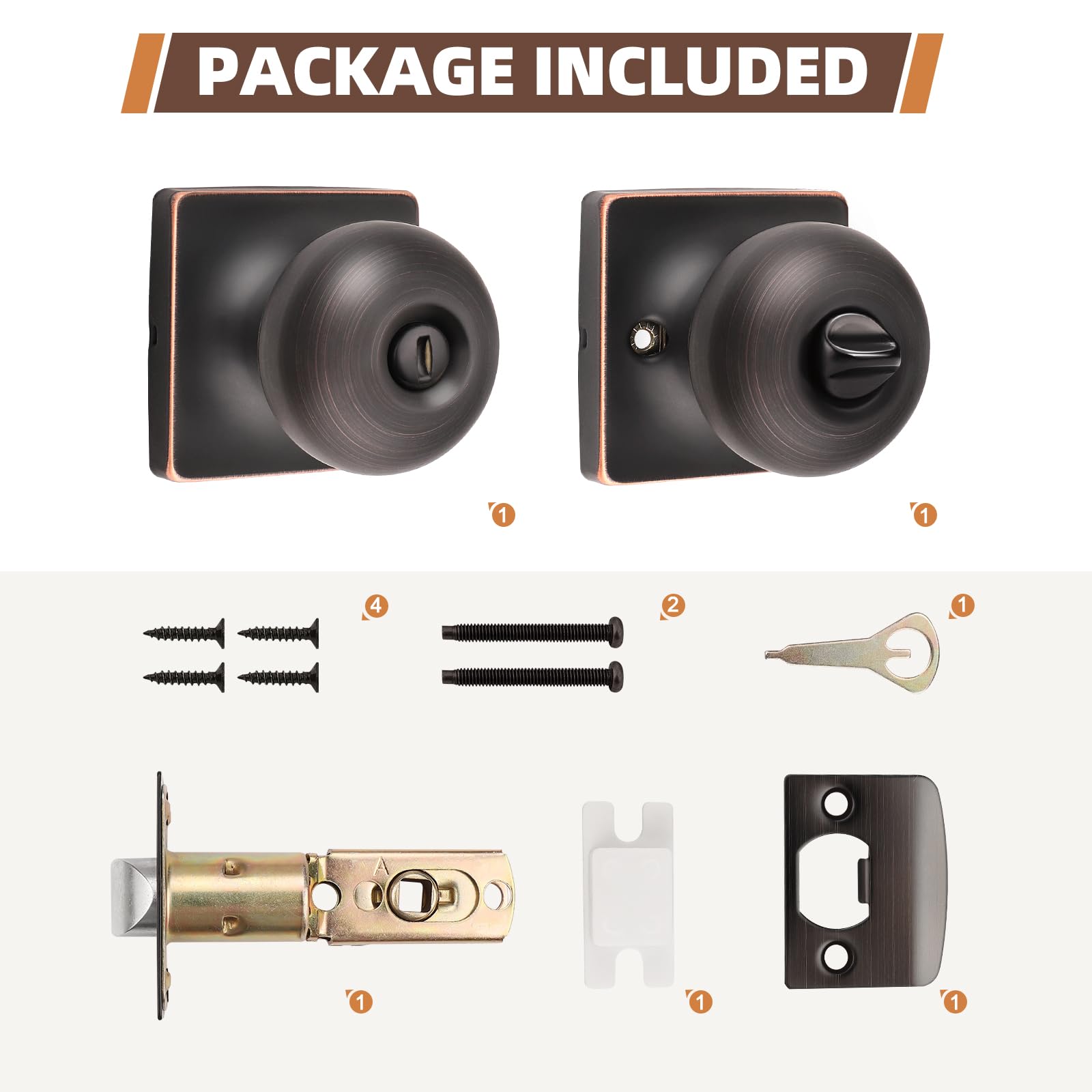 GOBEKOR Pack de 3 pomos de puerta de privacidad para interior de bronce aceitado sin llave, cuadrados, modernos pomos de puerta de acero inoxidable para dormitorio y baño