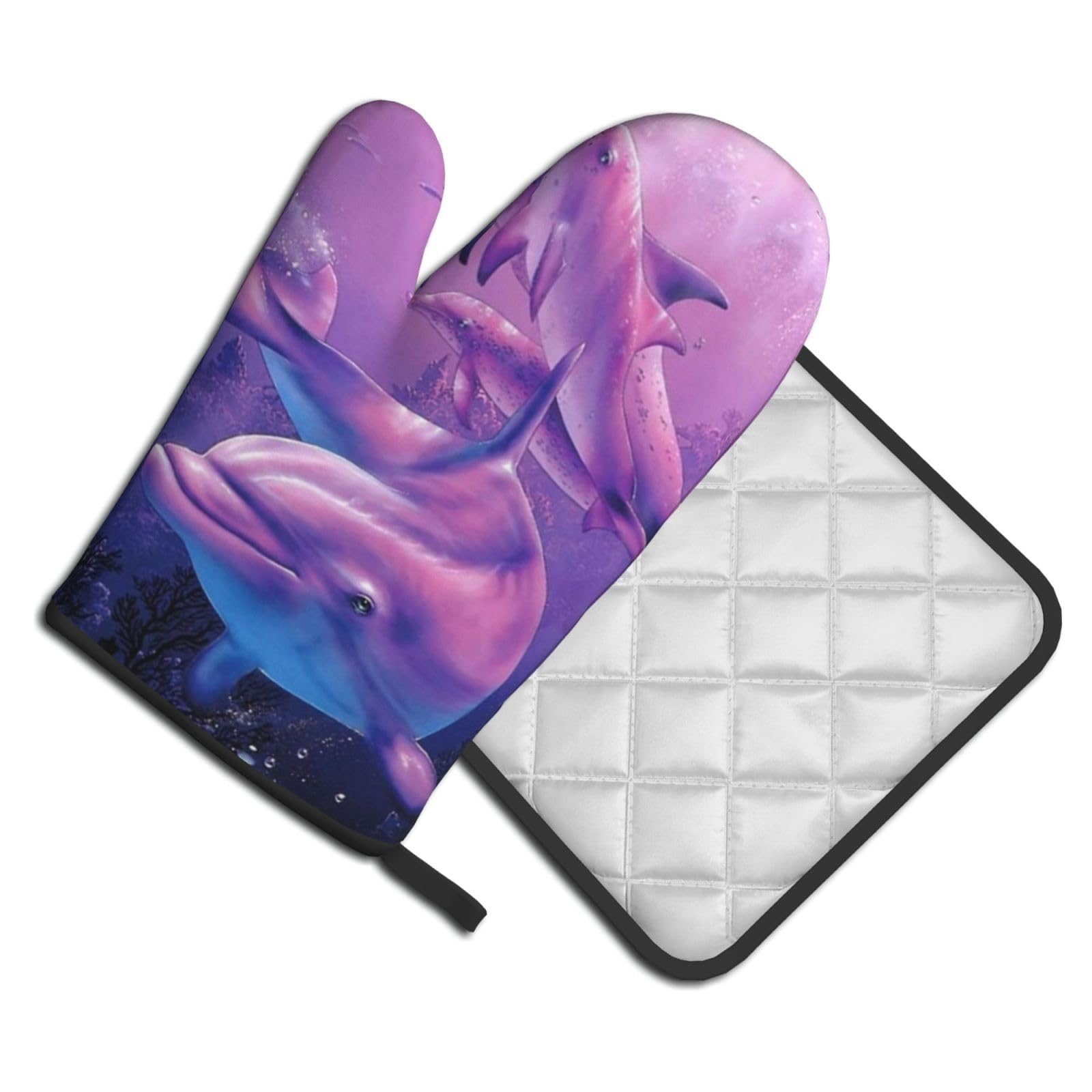 Oven Mitts and Pot Holders Set of 2 Pcs, dolphins art Printed Heat Resistant Kitchen Gloves Potholders for Cooking Baking Grilling