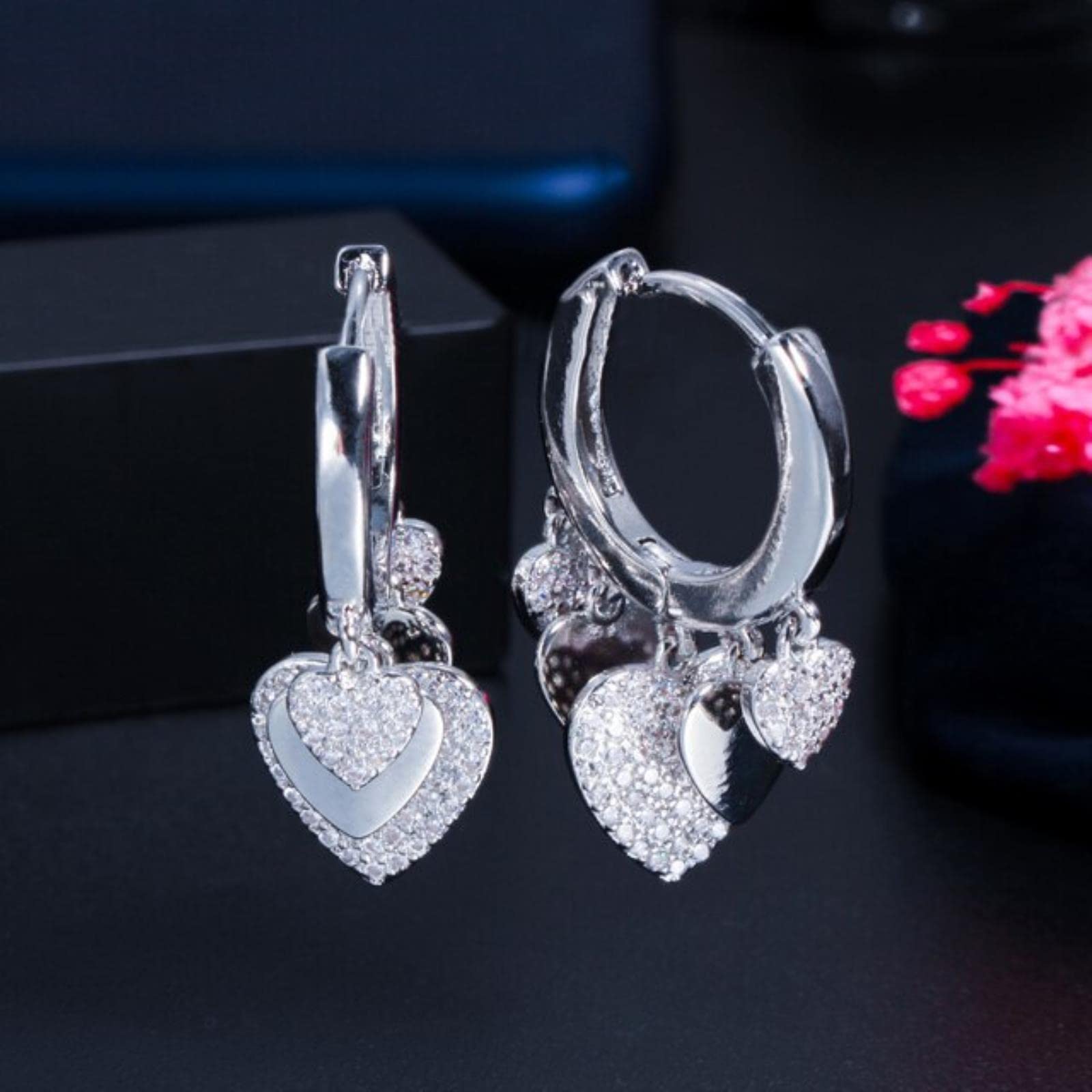 JFGCTYHXY Earrings, Zircons Trendy Cubic Zircon Dangling Tassel Love Heart Shape Charms Endless Hoop s For Women Bohemian Jewelry(Silver)