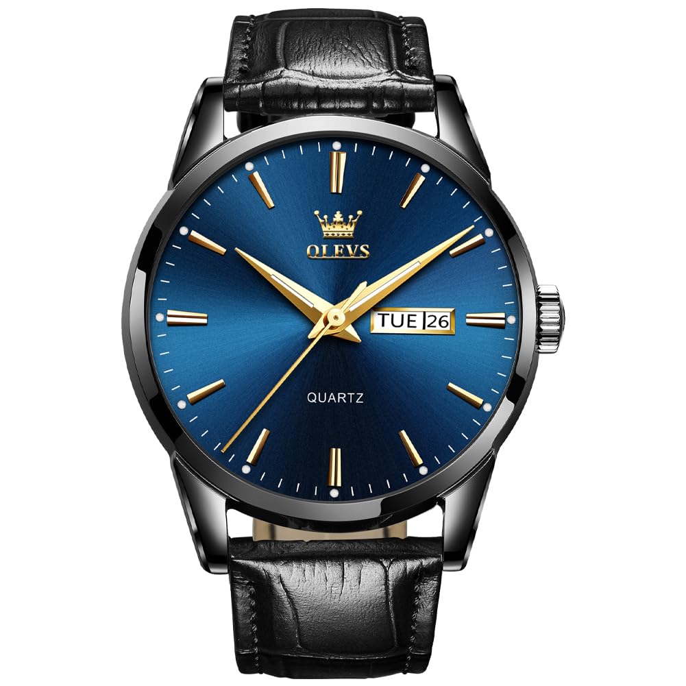 OLEVSWatch for Men Chronograph Brown Leather Gold Case Analog Quartz Fashion Business Dress Large Face Men Watch Day Date Luminous Waterproof Casual Male Wrist Watch Black/Blue/White Dial
