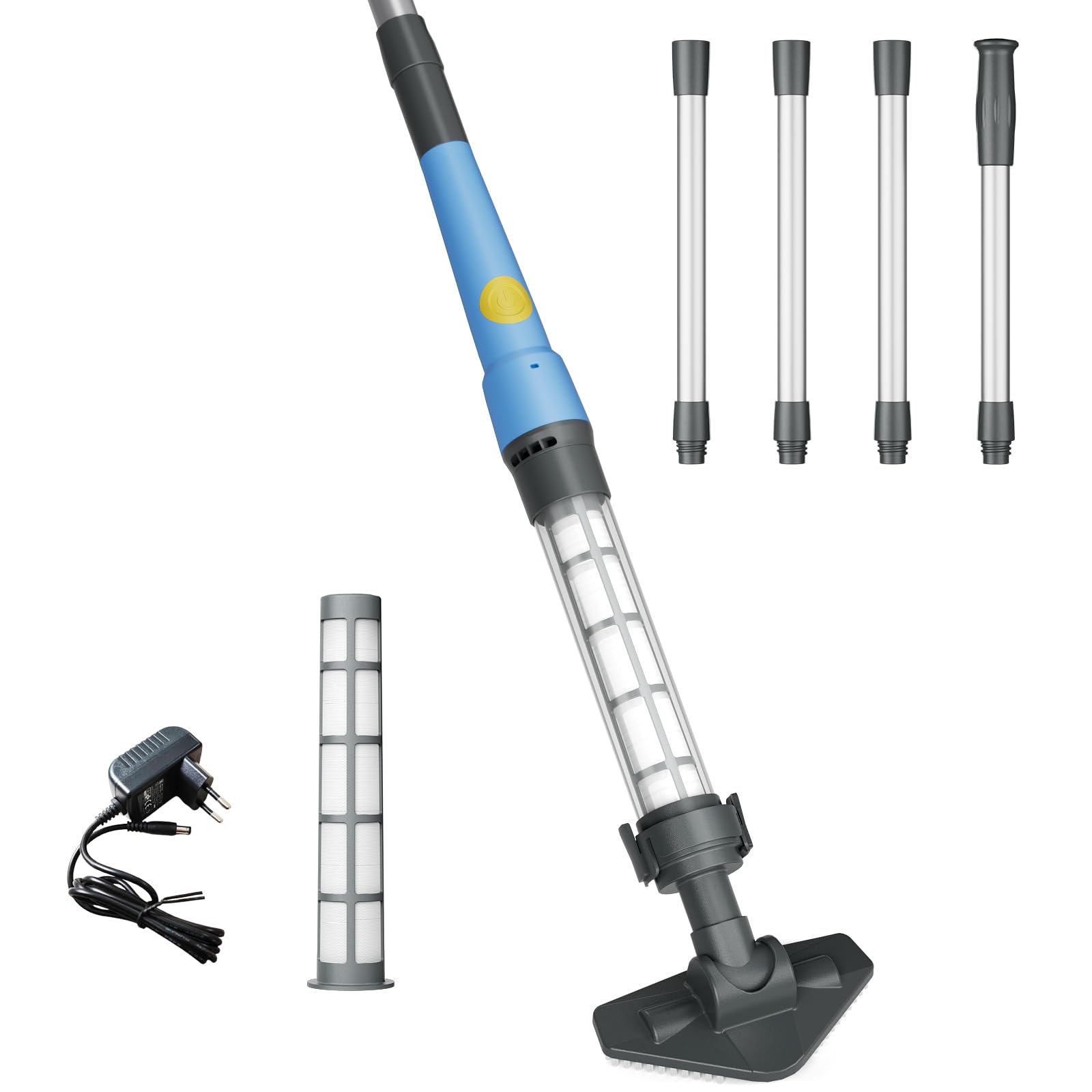 Aspirador de Piscina Inalámbrico 2 en 1, Limpiafondos Manual Recargable con 60 Min de Autonomía, Succión 32 L/min, Ideal para Piscinas Desmontables, Spa, Hidromasaje, Piscinas Rectangulares y de Suelo