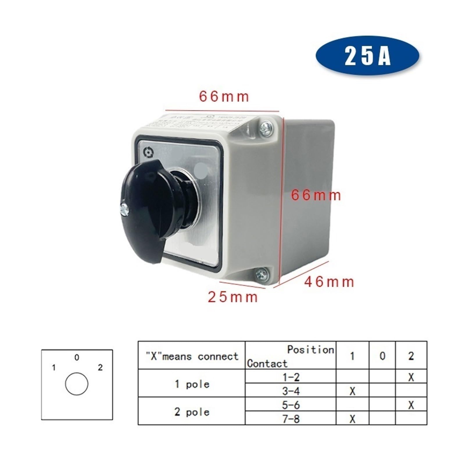 LW26-25/2M Camma di commutazione Commutatore Rotante a 3 Posizioni 25A 2 Poli con Scatola di Custodia Impermeabile Retromarcia Motore Elettrico(Switch Box 102)