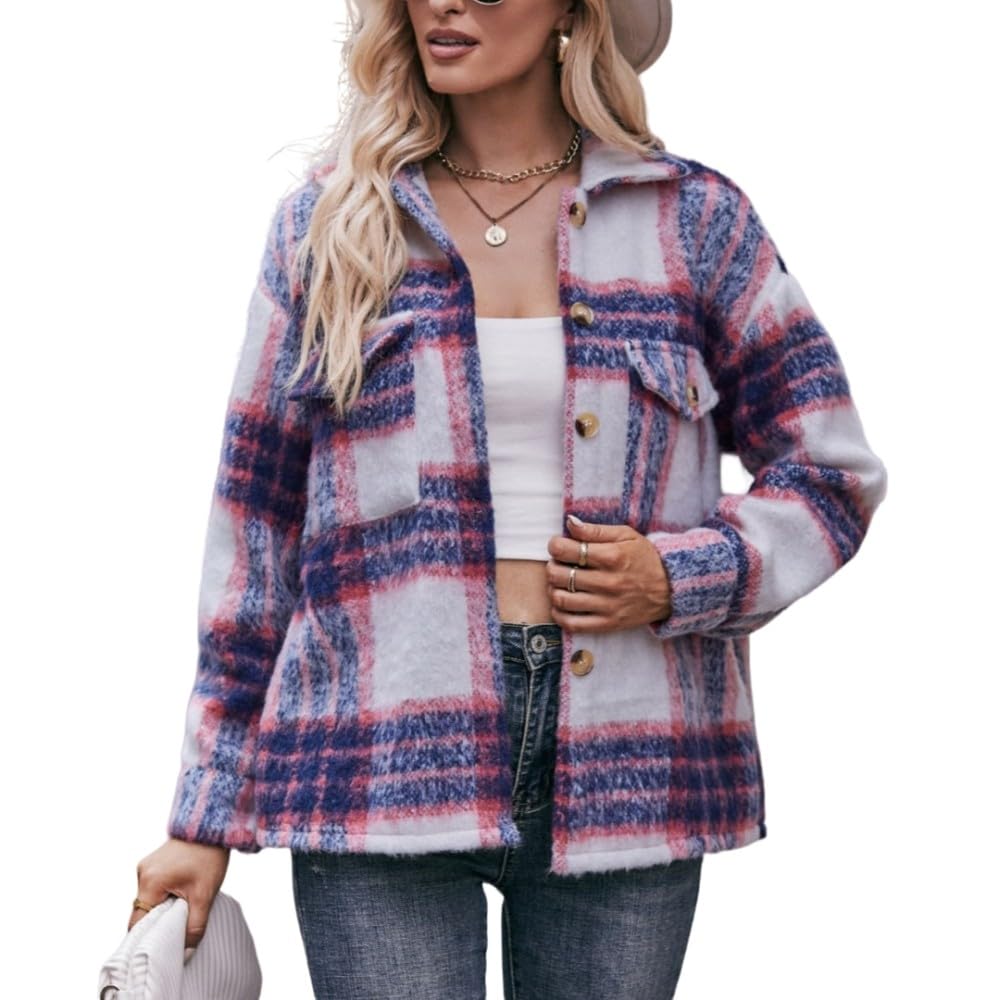 Chemise Femme,Chemisier À Carreaux Pour Femme, Chemise À Manches Longues, Vintage Gris, Manteau Court En Laine, Chemise De Transition Boutonnée, Veste Décontractée, Vêtements D'Extérieur Ampl