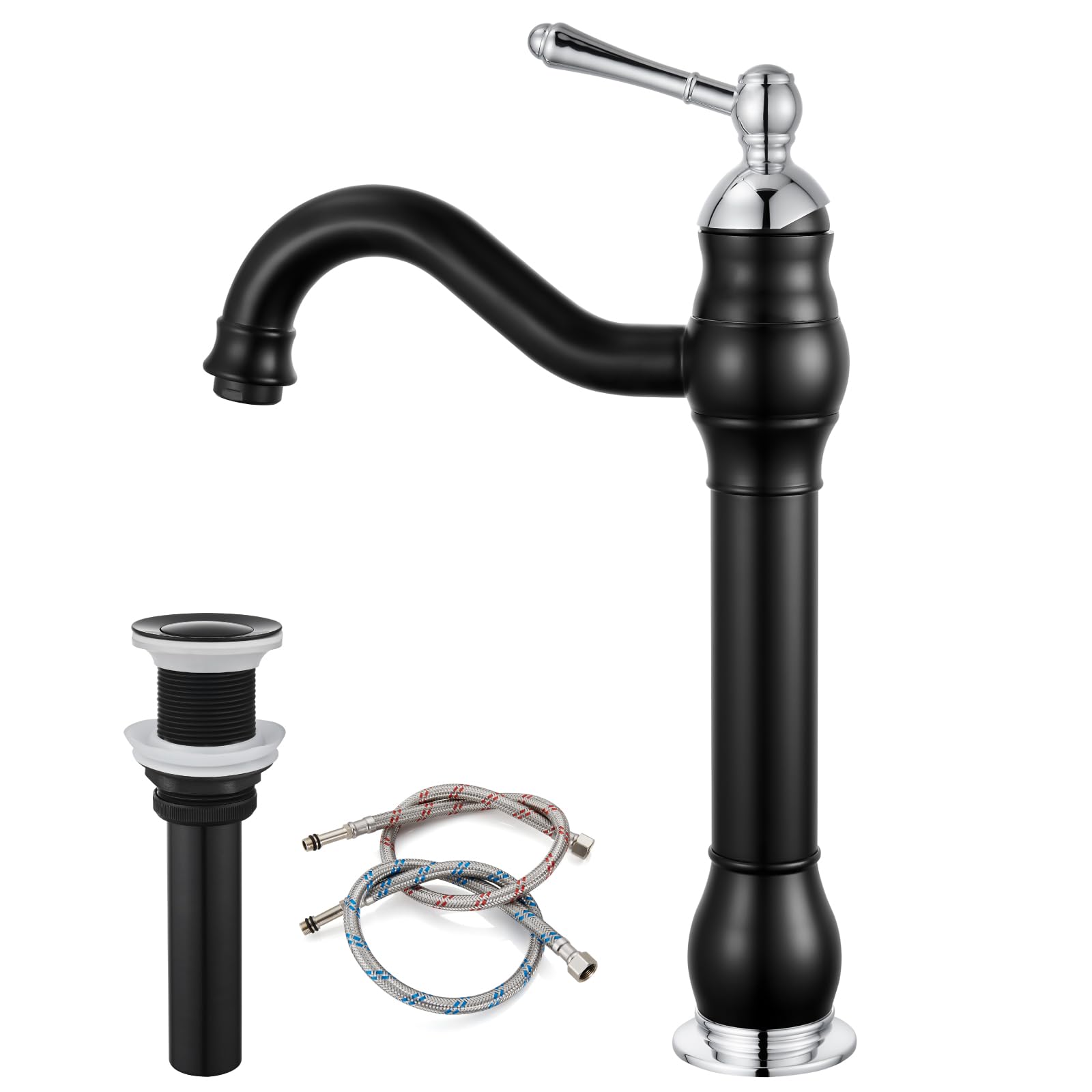 gotonovo Single Handle Vessel Sink Faucet 360° Swivel Bathroom Faucet One Hole Farmhouse Lavatory Vanity Faucet Bowl Sink Mixer Tap with Pop Up Drain, Matte Black and Polish Chrome