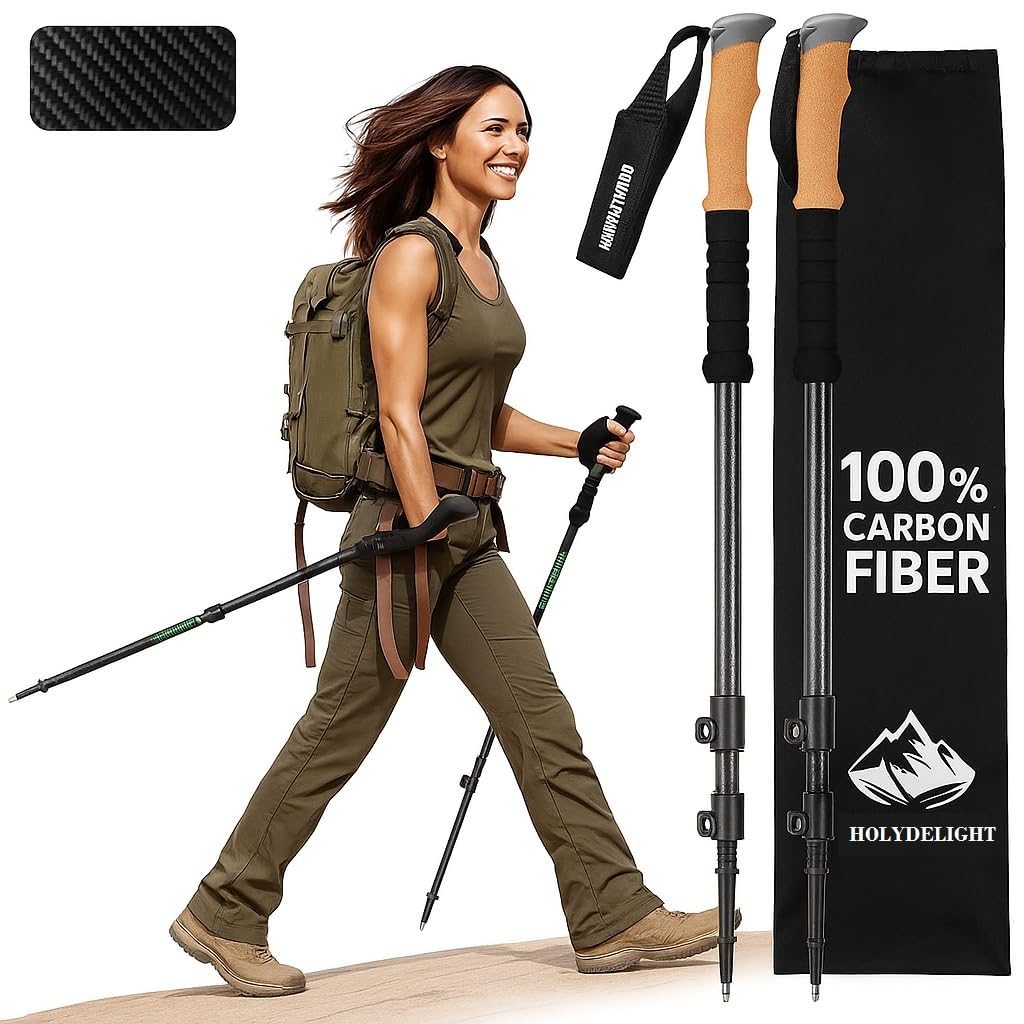HOLY DELIGHT Carbon Pro Trekking Poles – Ultra-Lightweight Hiking Sticks for Men & Women – Shock-Absorbing, Adjustable Telescopic Walking Poles – Includes Travel Bag, Tips & Accessories