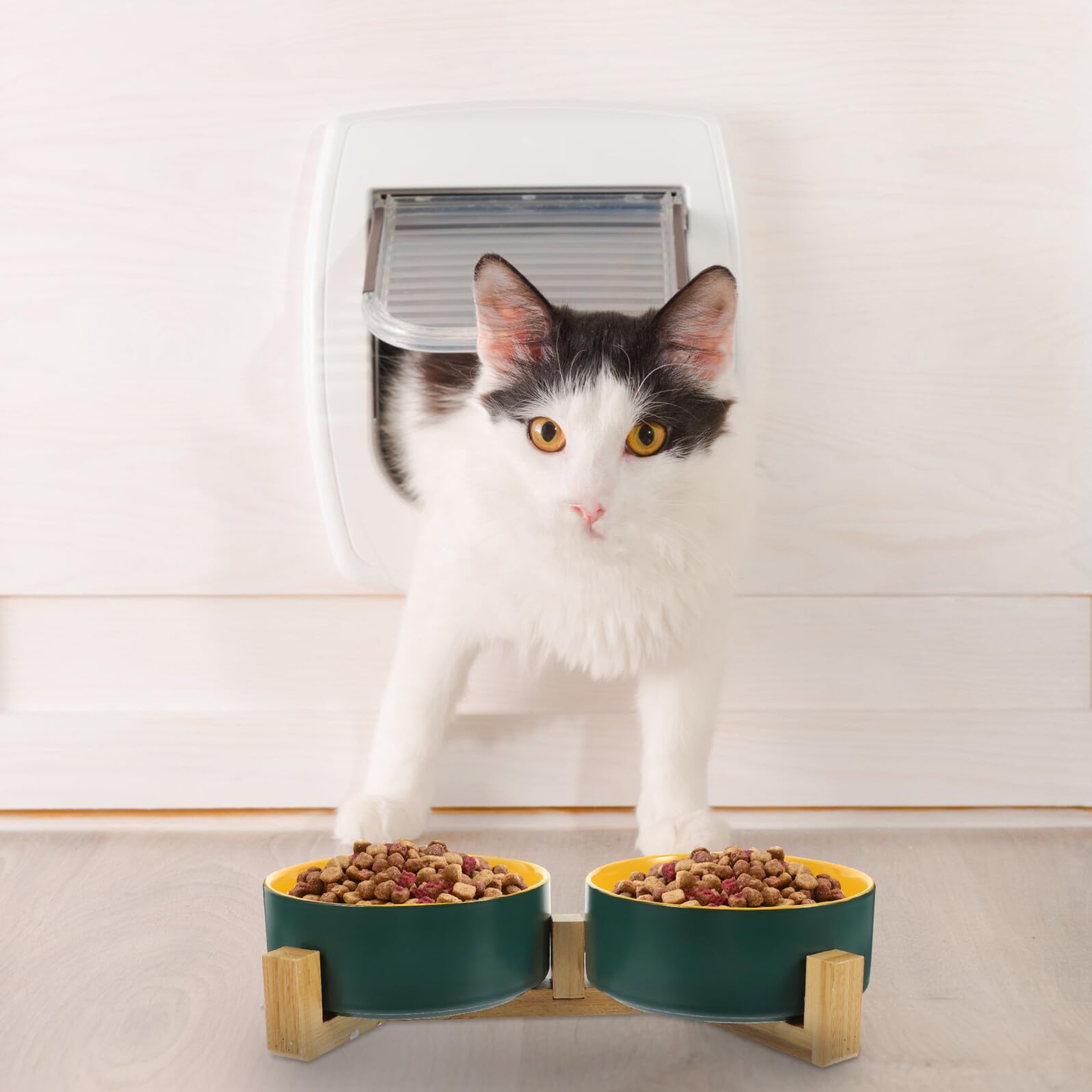 NUOBESTY Gamelle Double Céramique Surélevée avec Support Bois pour Chat et Chien Bol Alimentaire Réutilisable Capacité Spacieuse Anti-déversement pour Nourriture et Eau Confortable