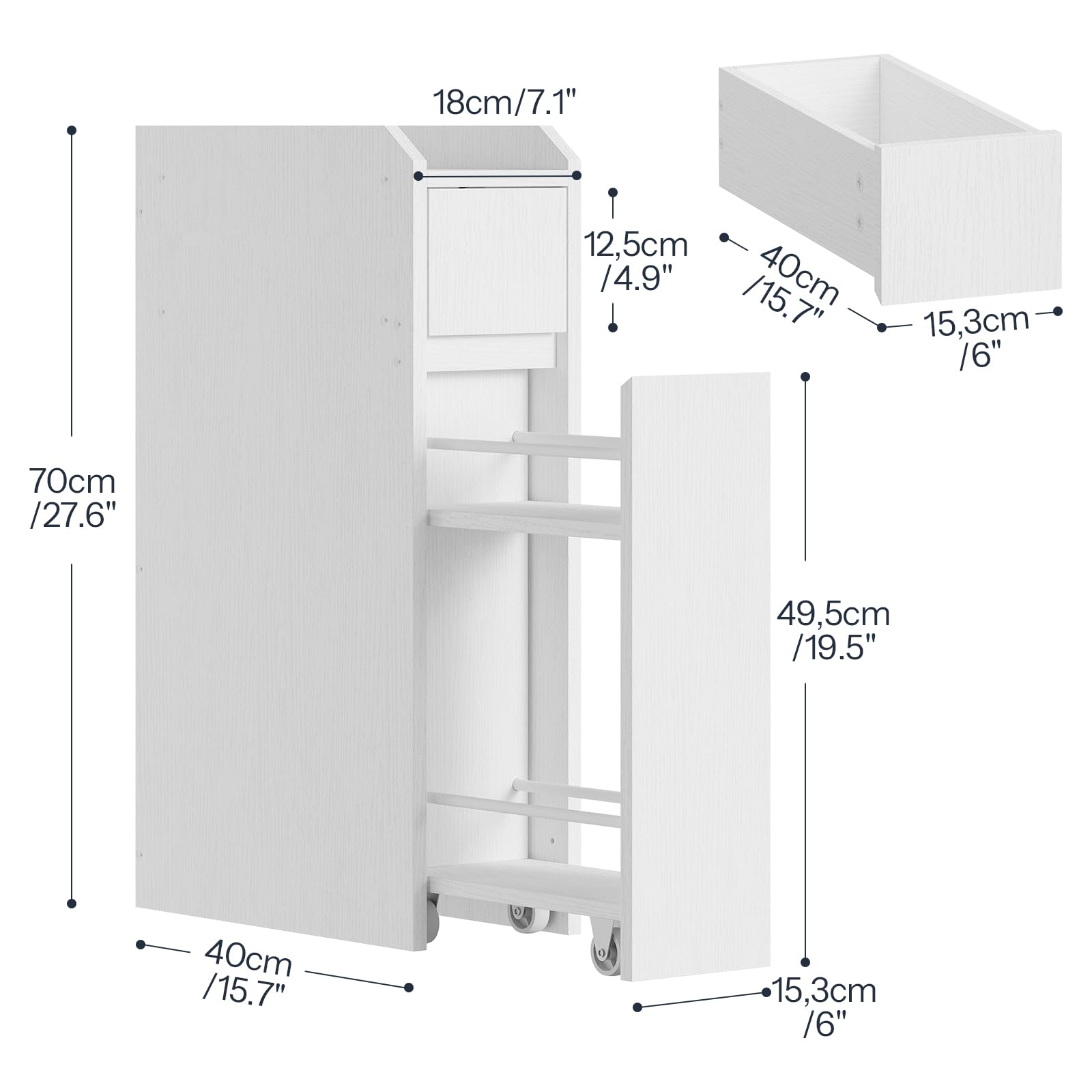 HOOBRO Armario para Baño Ultrafino, con 2 Cajones de Deslizamiento Suave y Dispositivo de Fijación, Mueble Estrecho de Almacenaje de Baño, para Lavadero, 18 x 40 x 70 cm, Blanco EWW11BC01