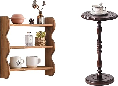 3-Tier Solid Wood Wall Shelf,Round Side Table,Rustic Floating Shelves Wall Mounted Storage Rack, Hanging Shelf Display Shelves for Apartment, Living Room and Bedroom