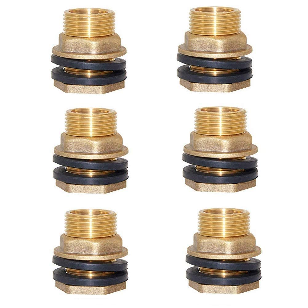 Joywayus 6 piezas 1/2 pulgadas hembra 3/4 pulgadas macho Suelo latón tanque de agua conector Theaded Bulkhead montaje con 2 anillo de goma Stablizing