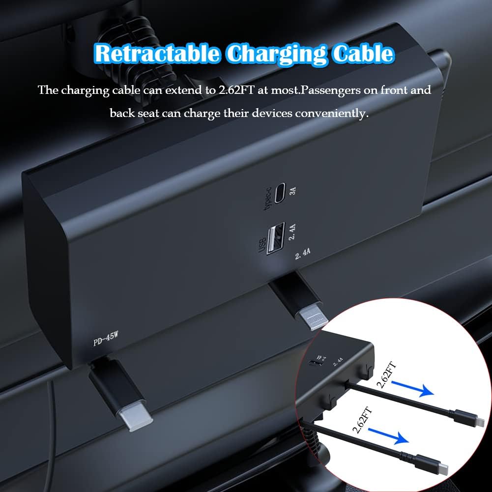 Retractable Backseat Car Charging Station Box,2 in 1 Car Charger,Max 65W Car Charger Adapter for Front and Back Seat Charging,Charging Dock Attach to Headrest,Compatible with 12-24V Vehicles - Image 3