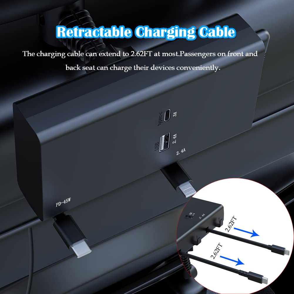 Caja de estación de carga retráctil para asiento trasero de coche, cargador de coche 2 en 1, adaptador de cargador de coche máximo de 65 W para carga de asiento delantero y trasero, base de