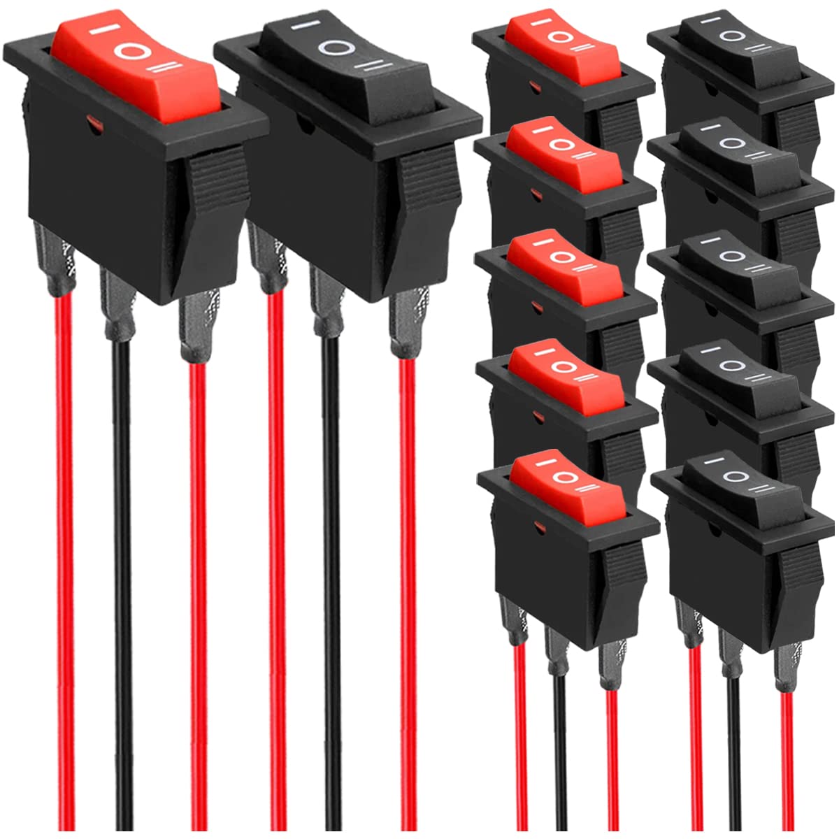 MKBKLLJY 12Pcs SPDT 3 Pins 3 Position Pre-Wired ON/Off/ON Toggle Rocker Switch AC 15A/125V 20A/250V Mini Rocker Switch for Car Boat,2Color(Red/Black)