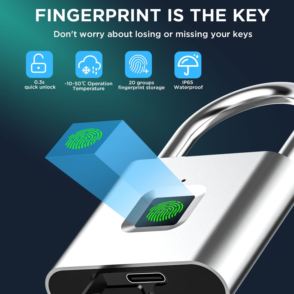 AICase Cadenas numérique à empreintes digitales, rechargeable par USB, verrouillage sans clé, IP67, étanche, pour intérieur et extérieur, argenté